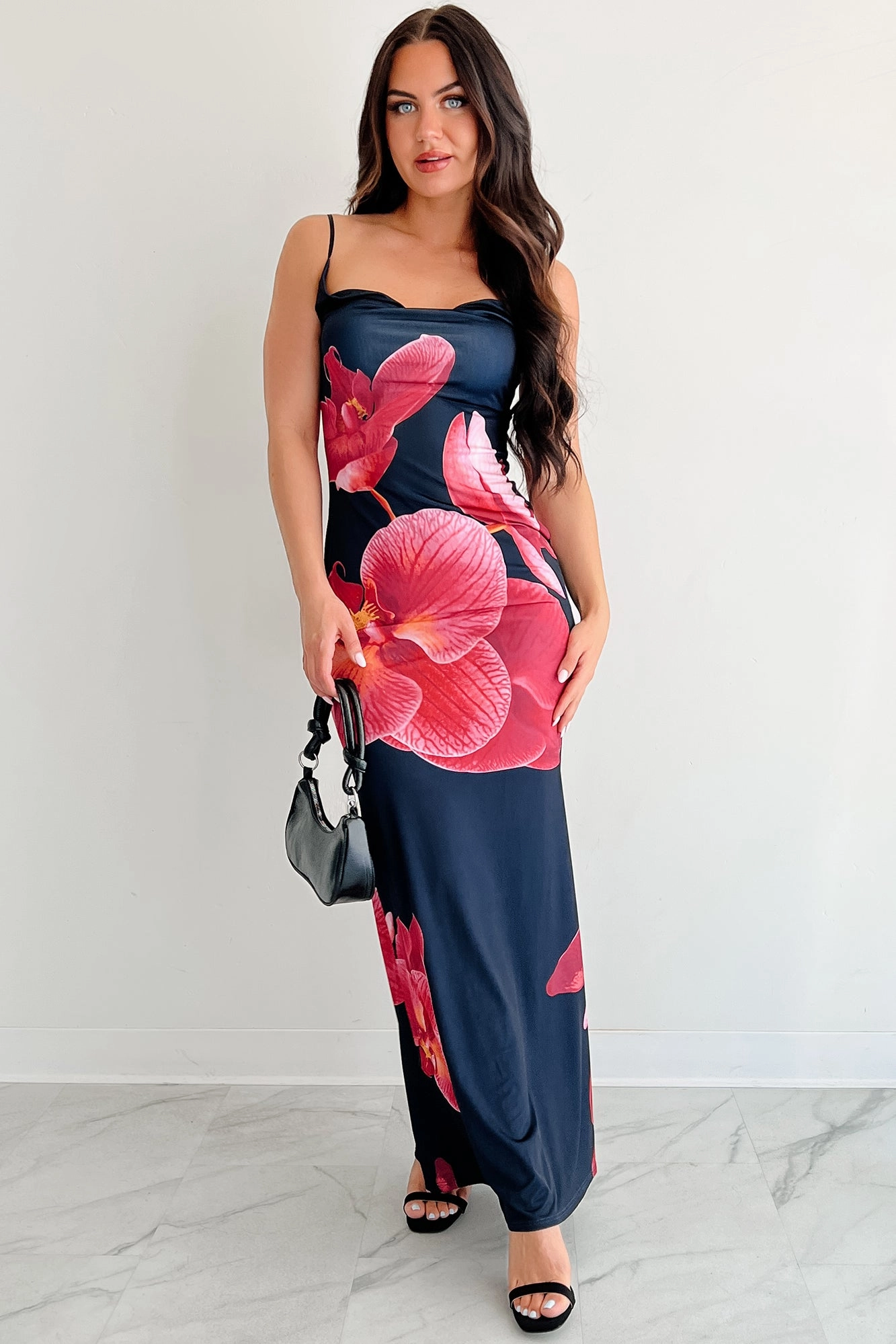 Romantic Bloom Work Friendly Call Me Maybe Sleeveless Floral Maxi Dress (Black)