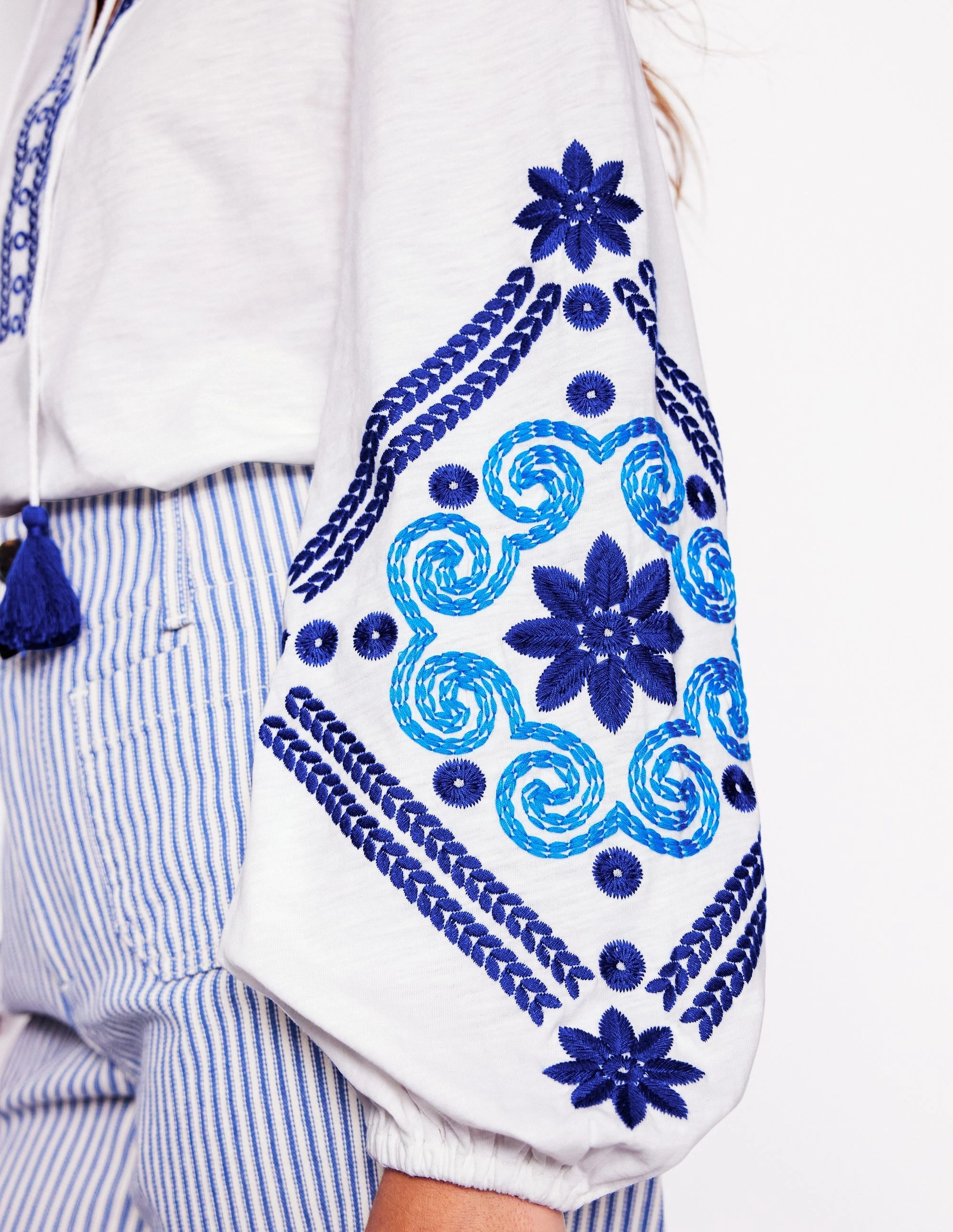 Nia Embroidered Top-White, Blue EcoFriendlyBlend NoSlipGripperBand