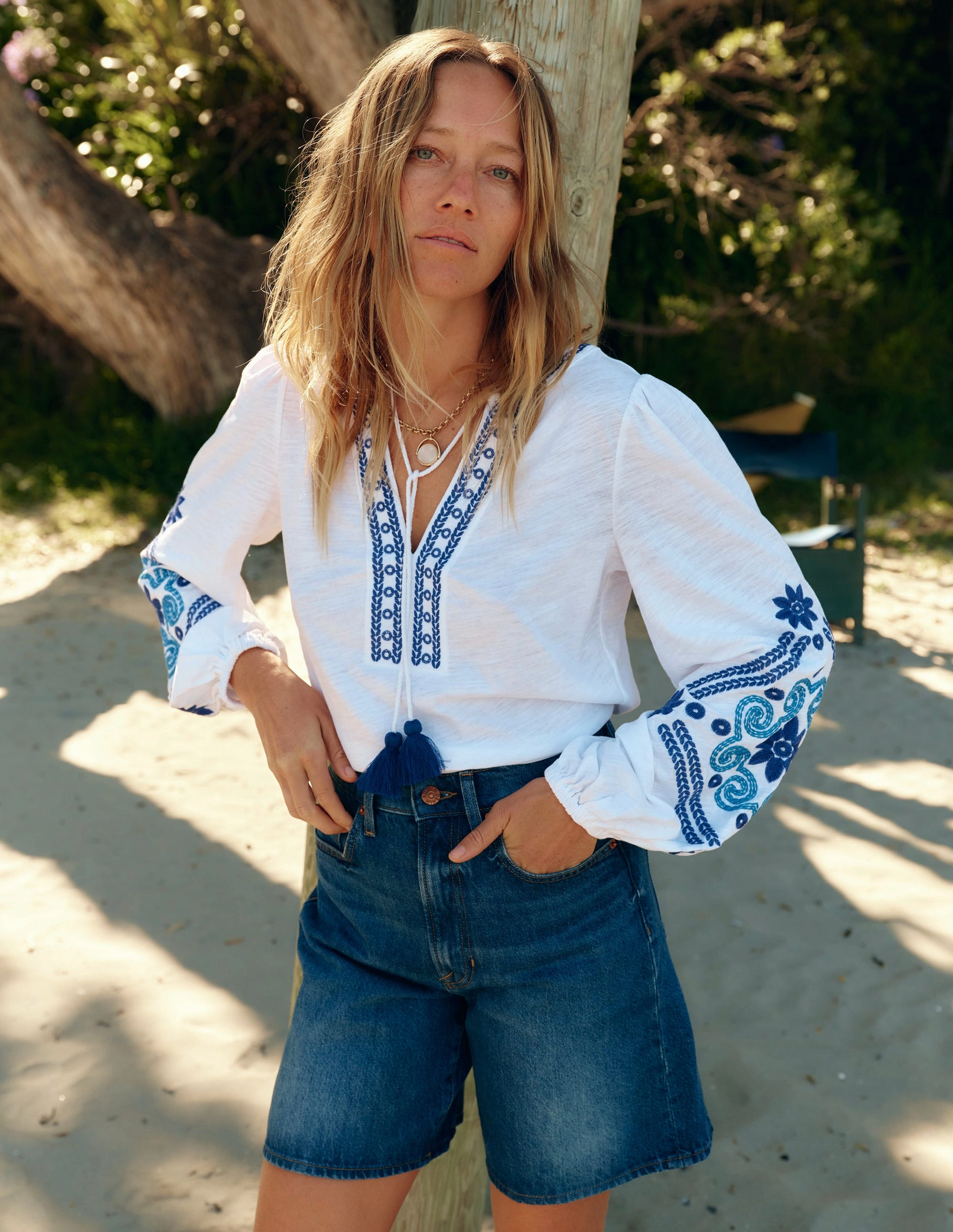 ButtonDownCollar Nia Embroidered Top-White, Blue