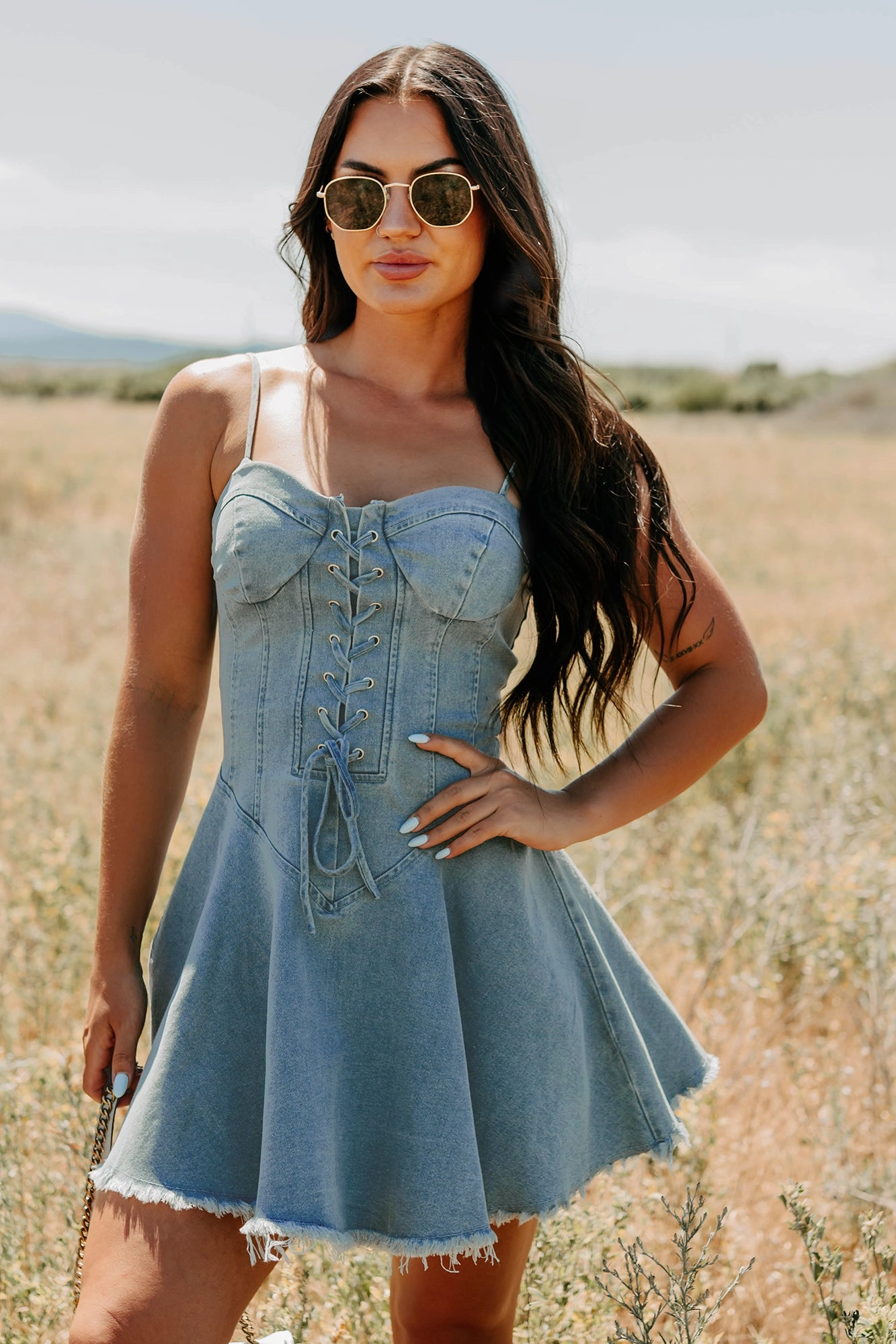 Watch Her Rise Sleeveless Denim Mini Dress (Denim) Contemporary Fit