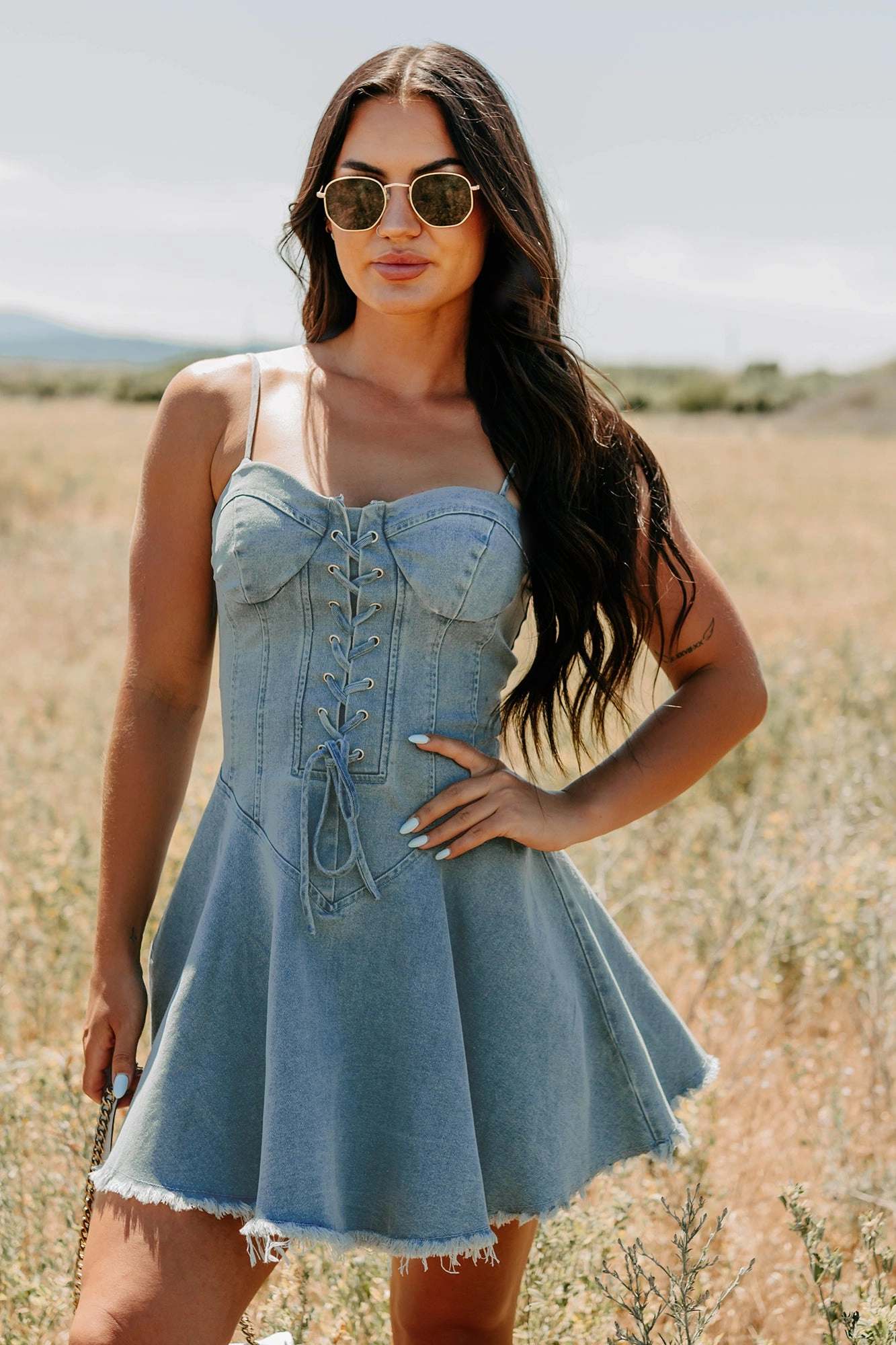 Watch Her Rise Sleeveless Denim Mini Dress (Denim) Chill Detail