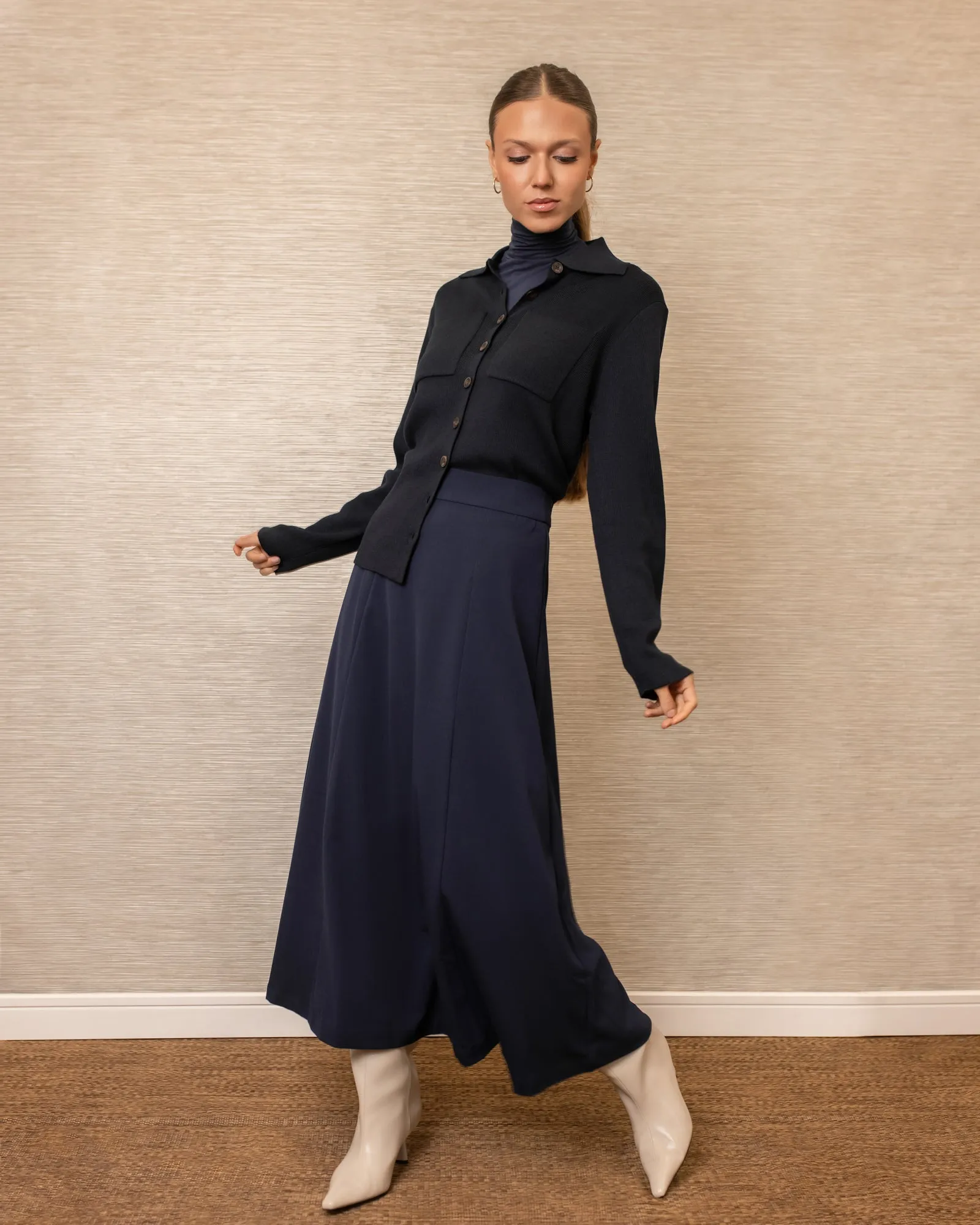 Nini Flared Skirt | Navy Lightweight Weave