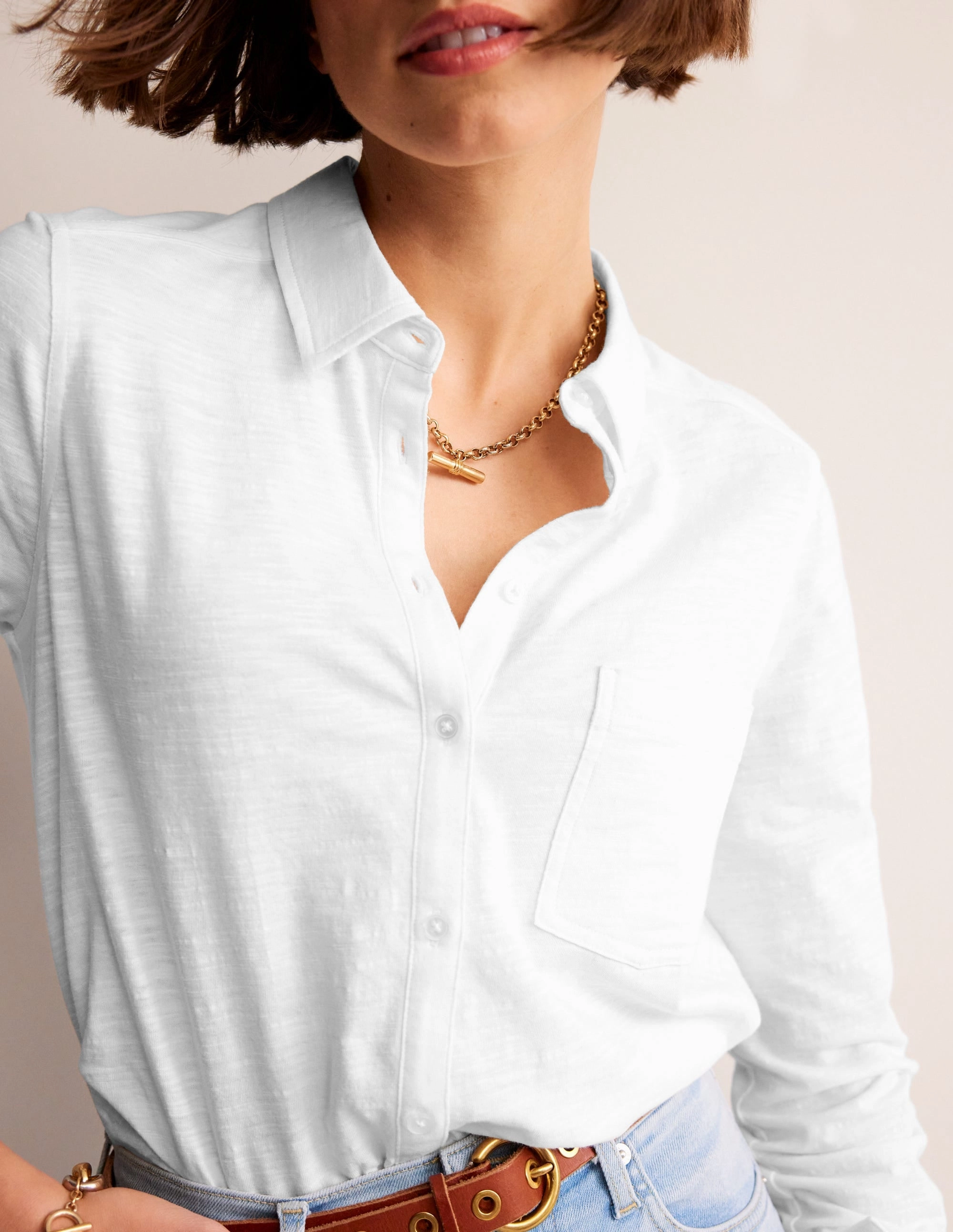 DurableZipper ConvertibleCollar Amelia Jersey Shirt-White