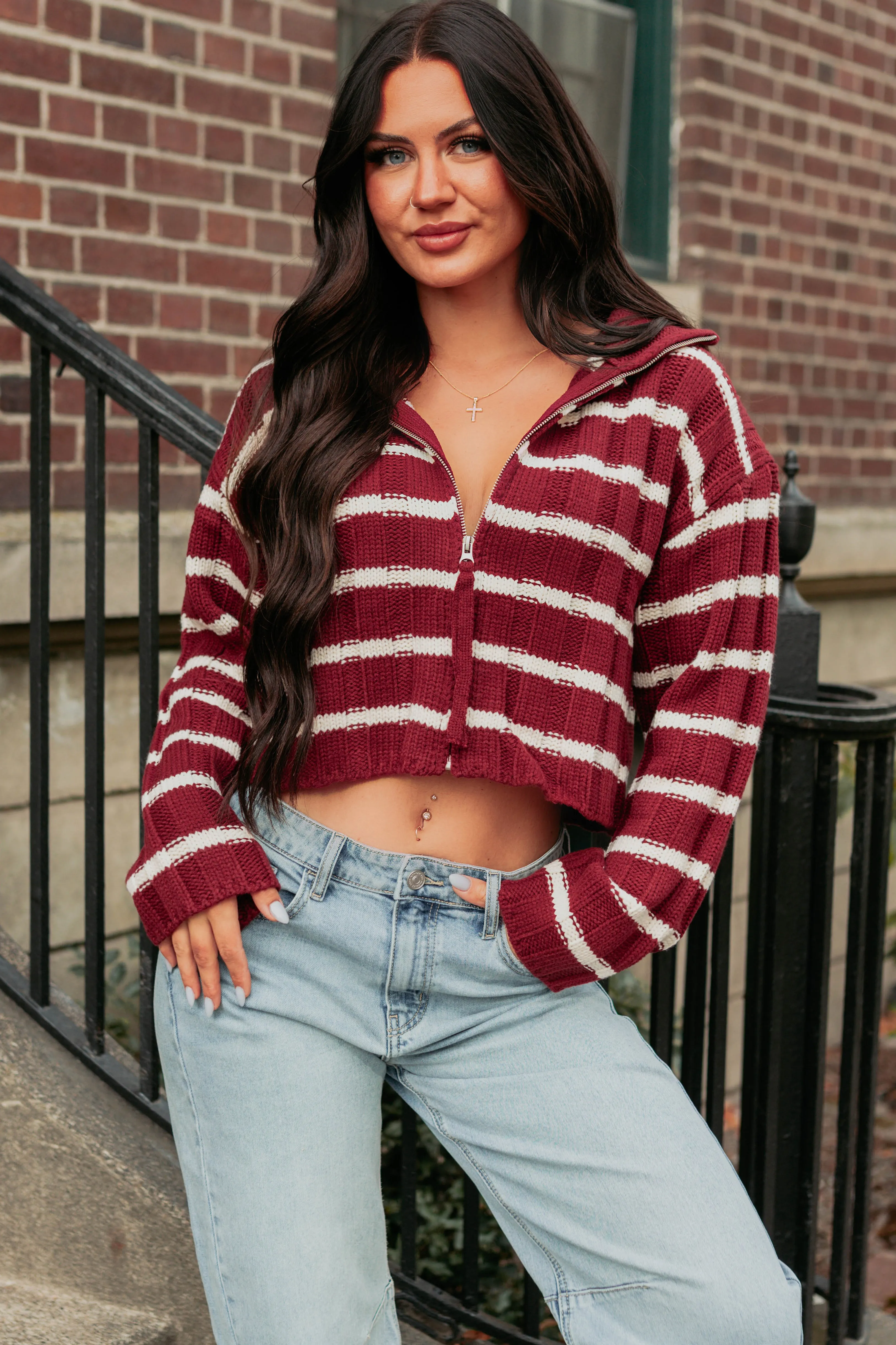 Maintain Reinforced Shoulder Panels Calm Assurance Striped Zip-Up Sweater Jacket (Wine)