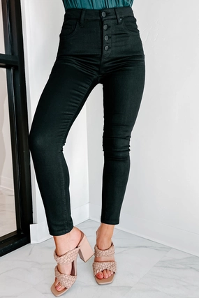 Outdated Thinking High Rise Button-Fly Risen Skinny Jeans (Black) AntiStaticFabric Soft Cotton