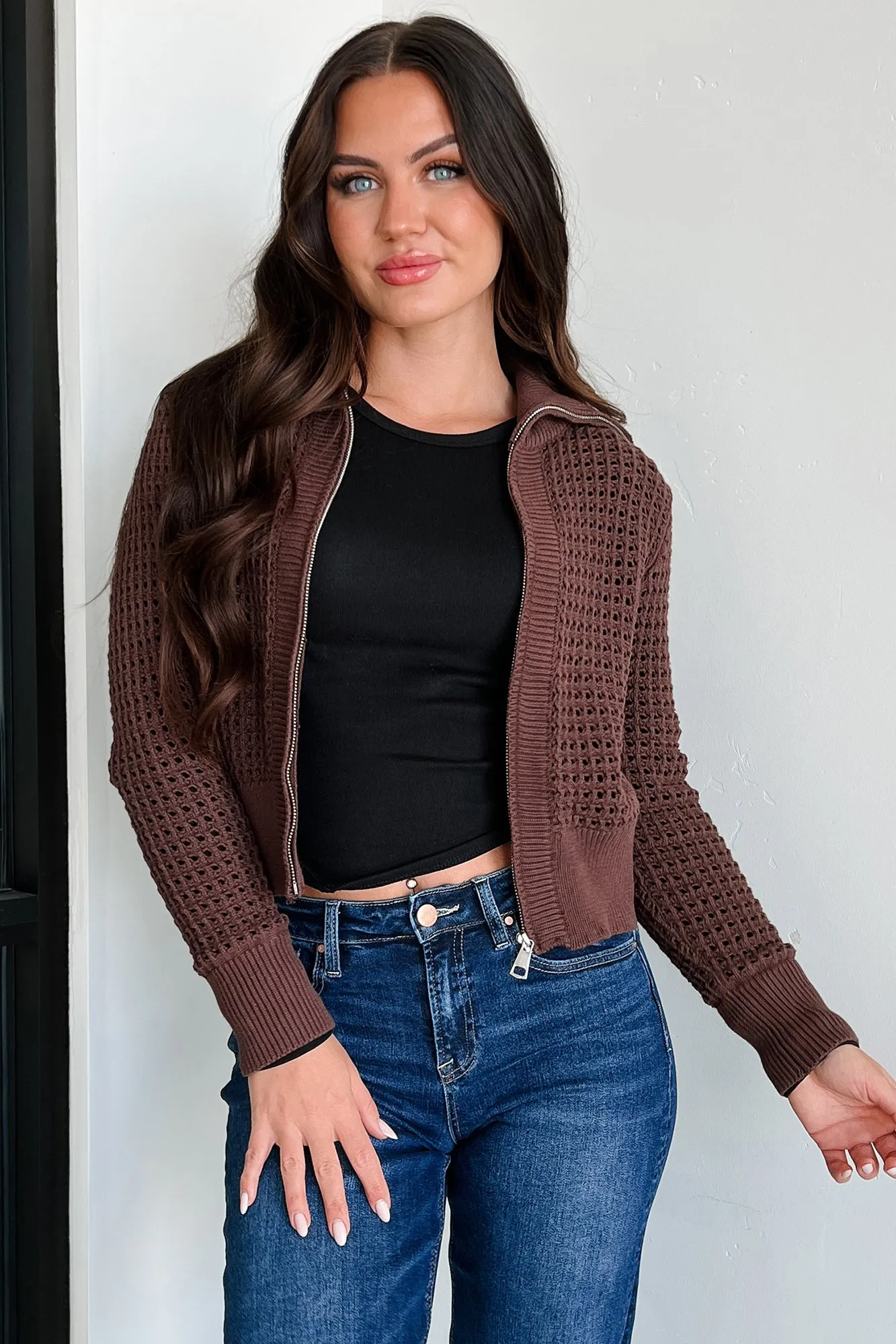 Whispered Words Zip-Up Sweater Jacket (Chocolate) Cool Season LightweightFabric