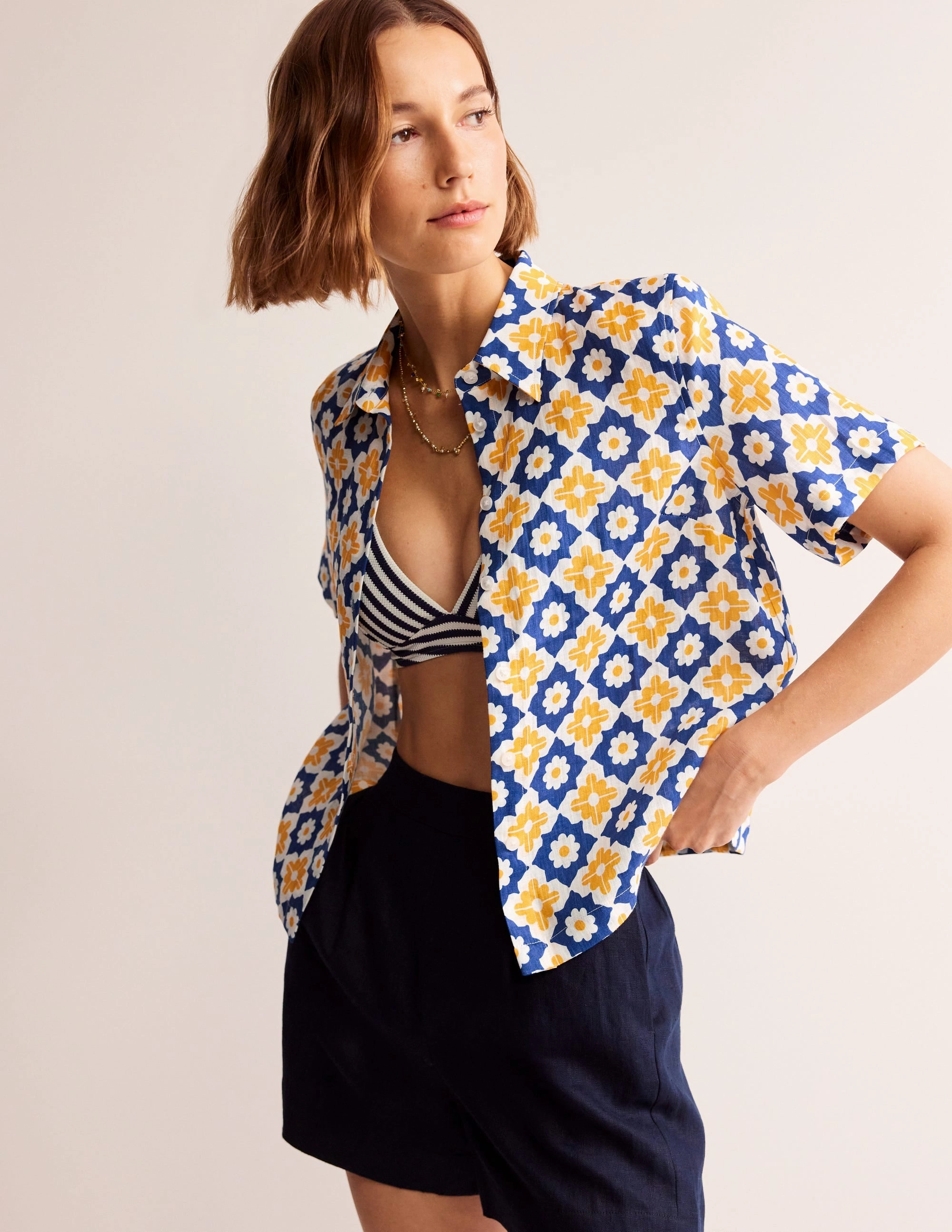 Bonded Seam Construction Chic Look Hazel Short Sleeve Linen Shirt-Surf The Web, Geometric Stamp