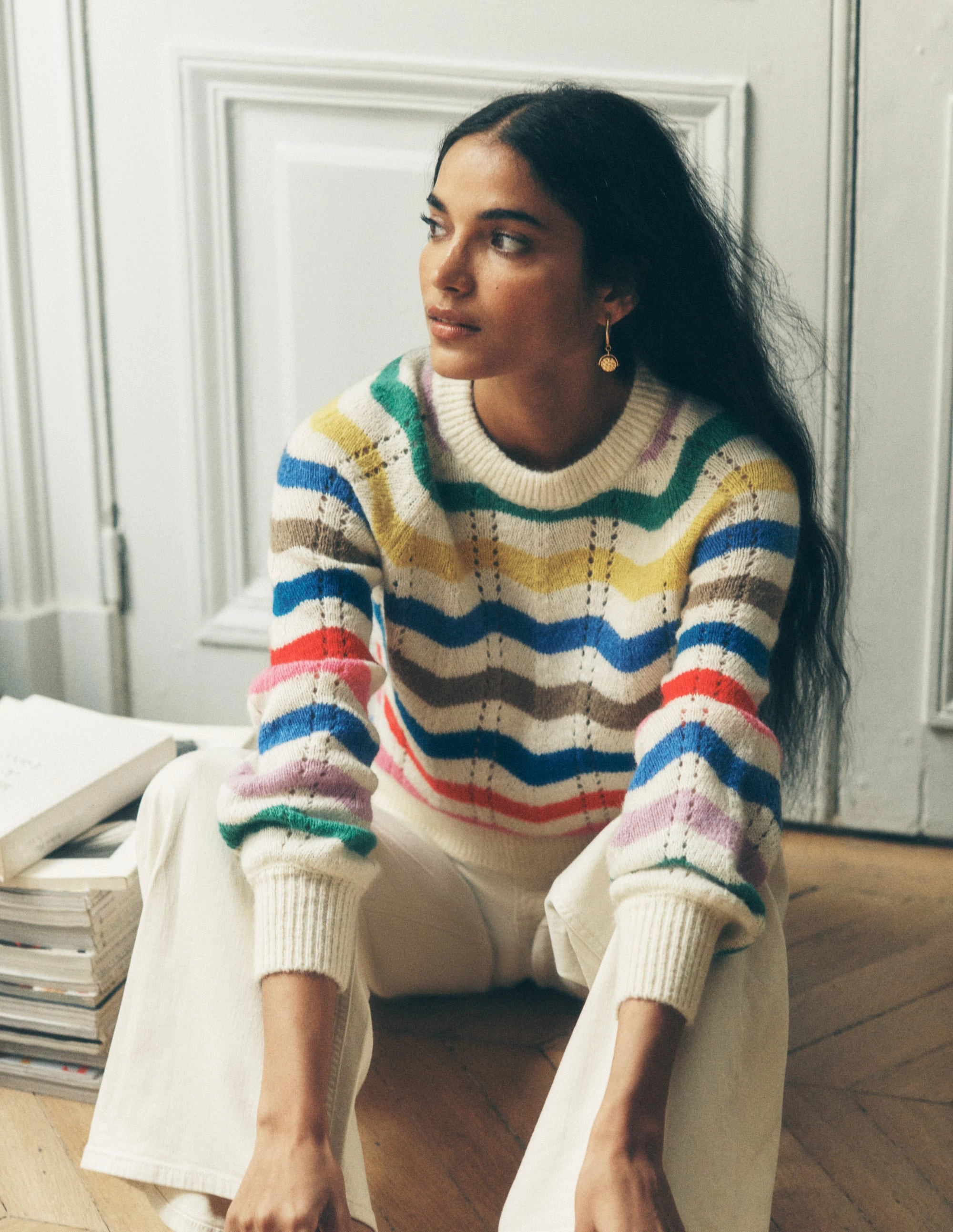 Alice Fluffy Raglan Jumper-Rainbow Wave Lattice Pattern