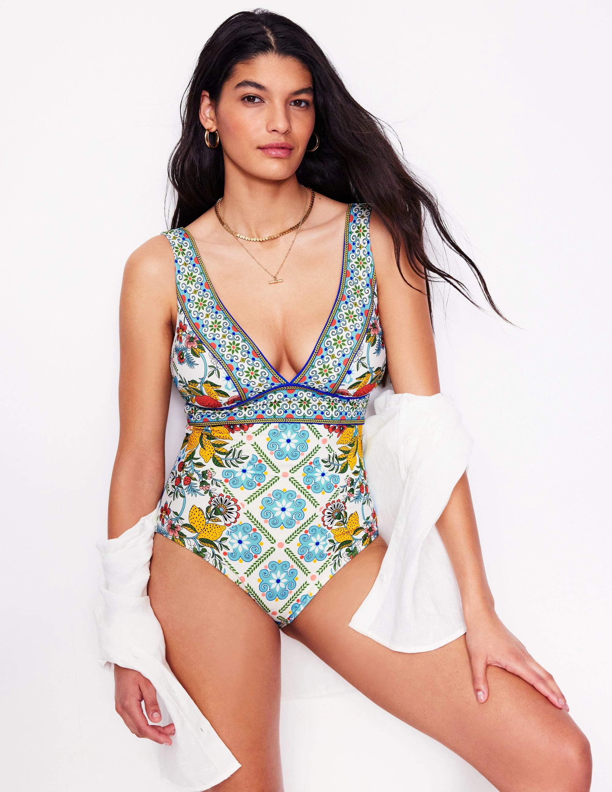Beach Outfits Porto V-Neck Swimsuit-Multi, Citrus Vine Tile