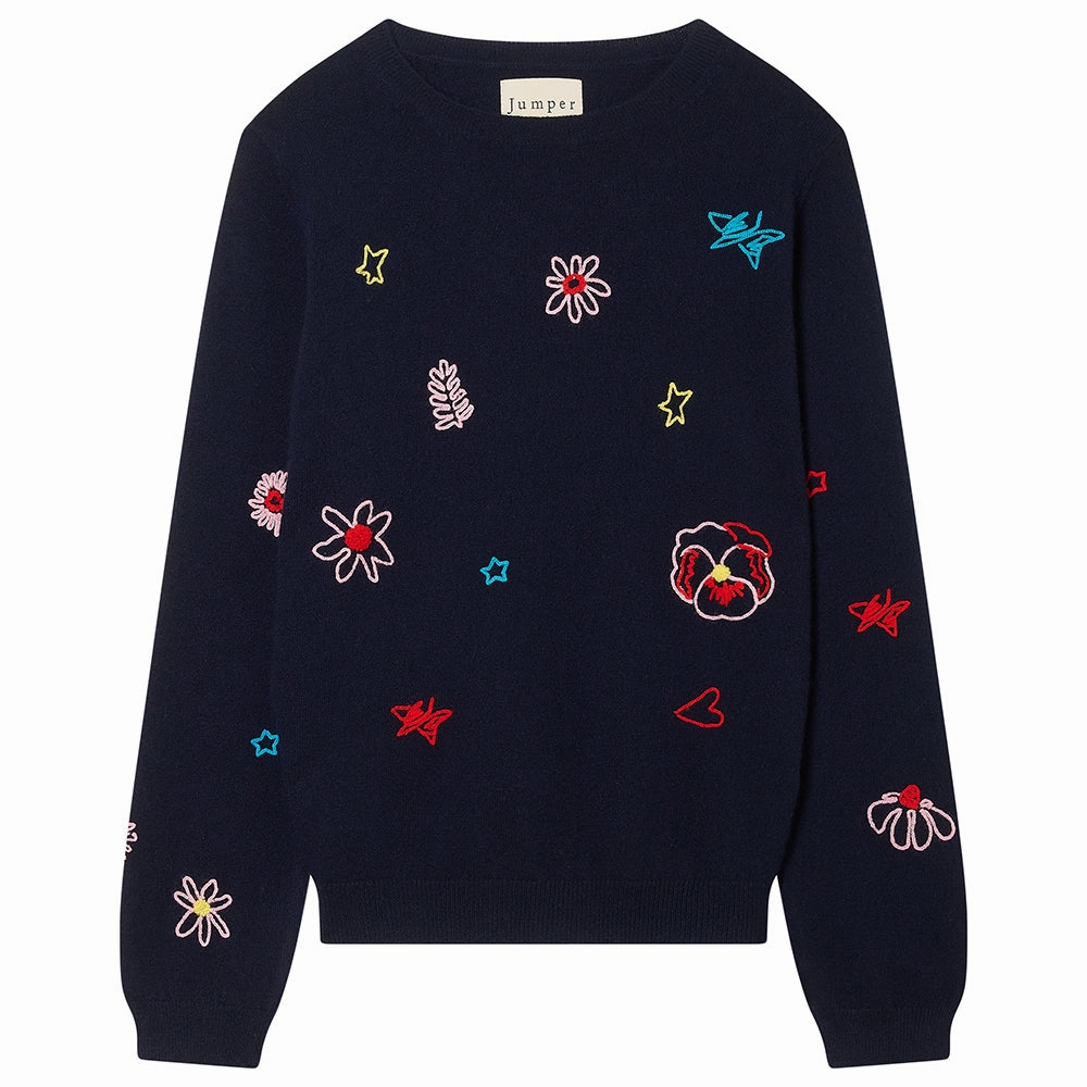 Minimalist Aesthetic Cashmere Floral Tribute Crew in Navy
