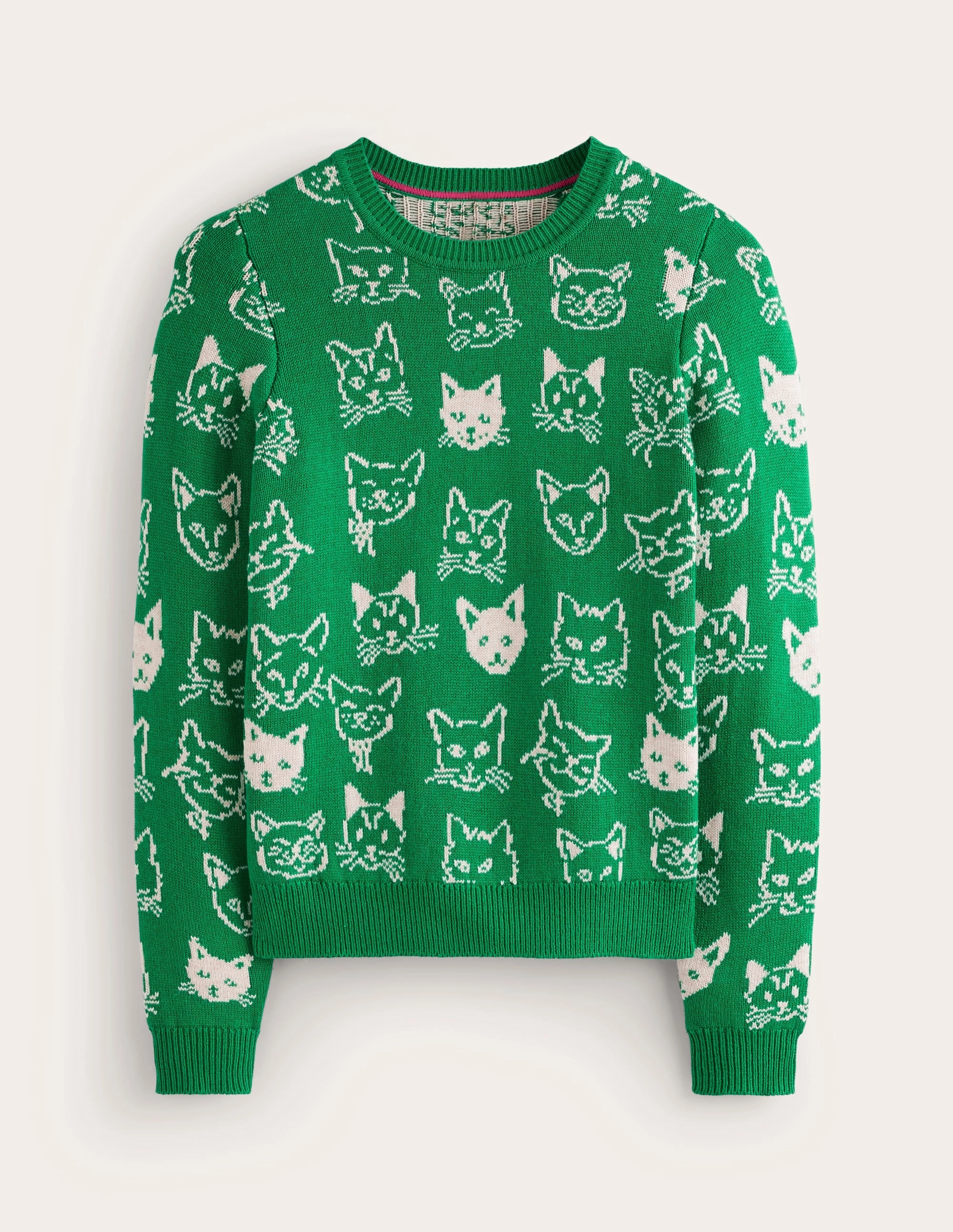 Ribbed Collar Design Heather Jacquard Jumper-Rich Emerald Green, Cats