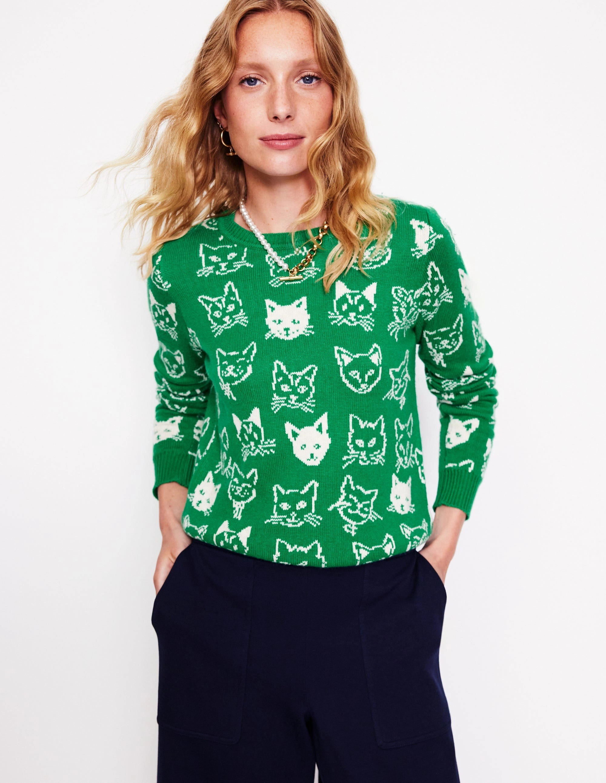 Heather Jacquard Jumper-Rich Emerald Green, Cats Street Comfort