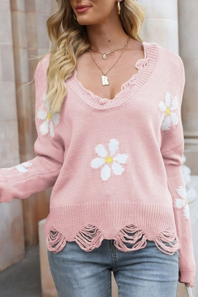 Friction Reducing Finish AntiStatic Treatment WOMEN VINTAGE DISTRESSED FLOWER PRINTNG SWEATER