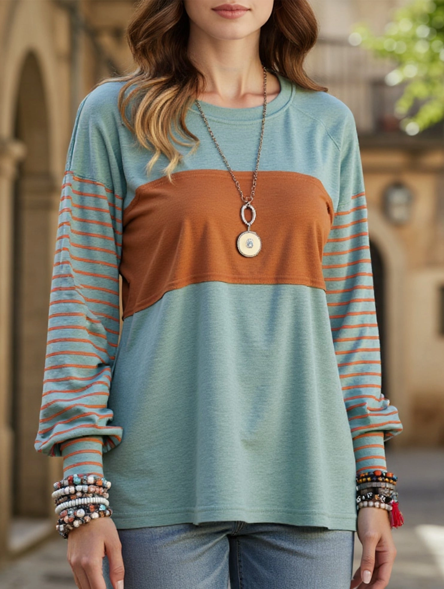 DoubleLayered Collar Stylish Jacket Countrycore Striped Contrast Long Sleeved T-Shirt