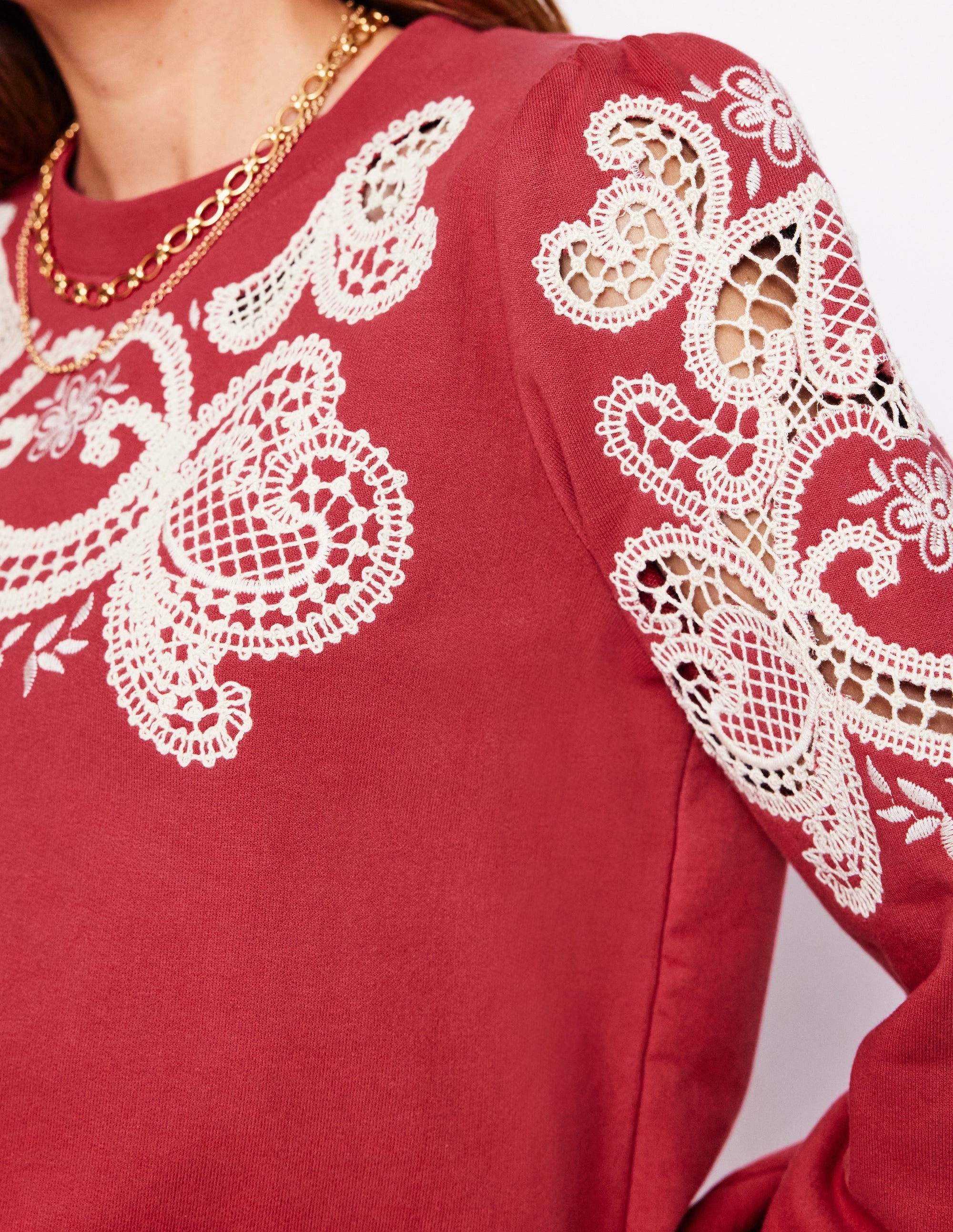 QuickDrySystem Puff Sleeve Cutwork Sweatshirt-Teracotta