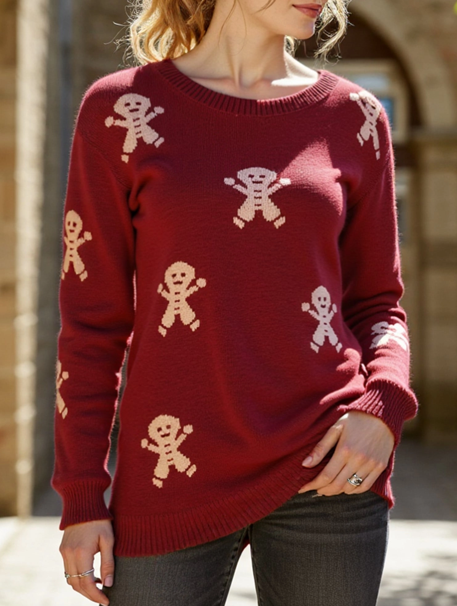 AdjustableDrawstring Christmas cartoon embroidered crew neck sweater