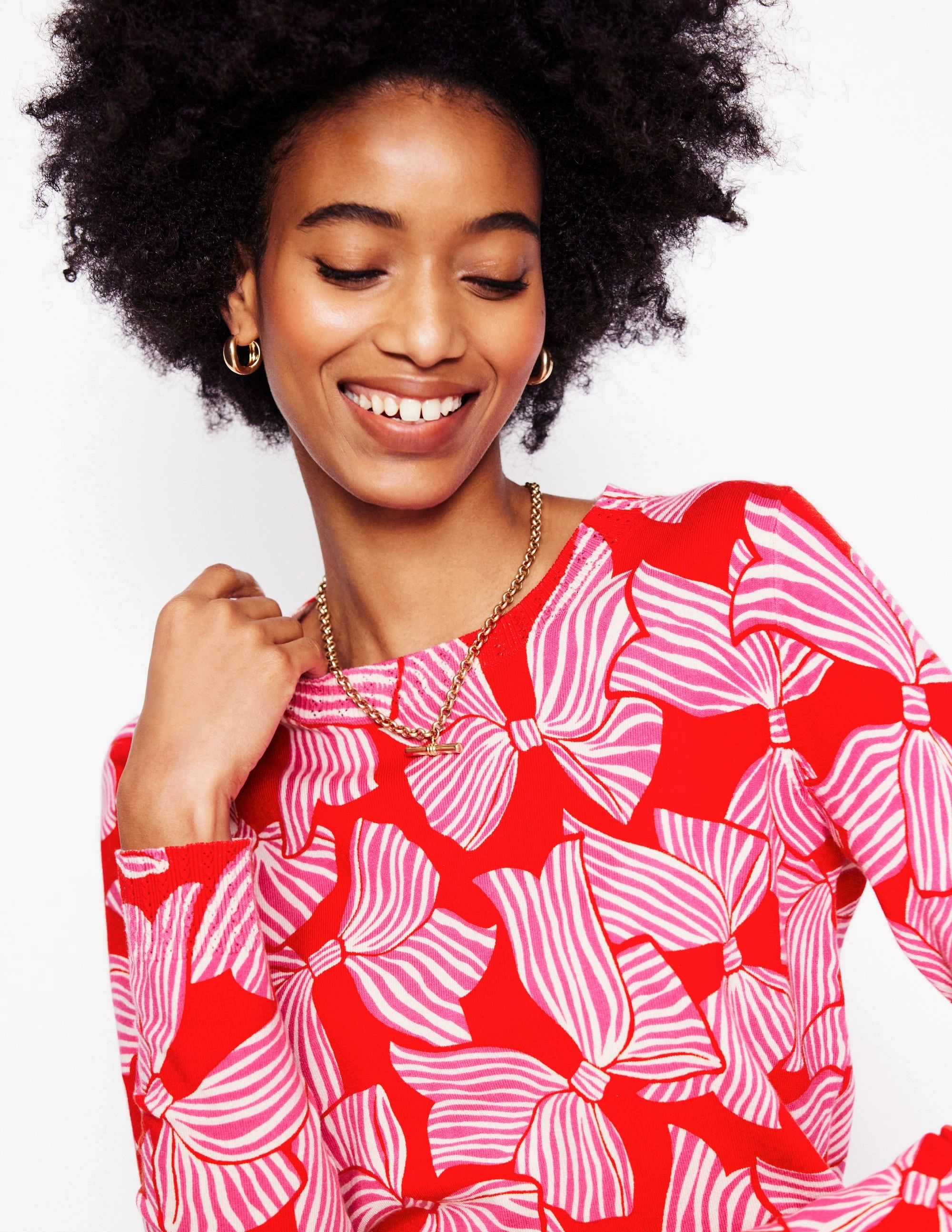 WaffleKnit Texture Emilia Cotton Crew Jumper-Poppy Red, Bow Scatter