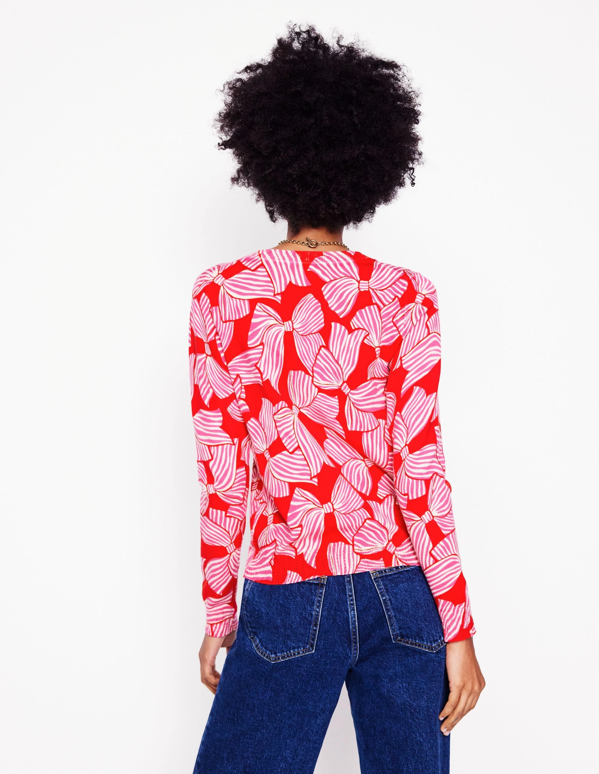 Emilia Cotton Crew Jumper-Poppy Red, Bow Scatter Soft Texture