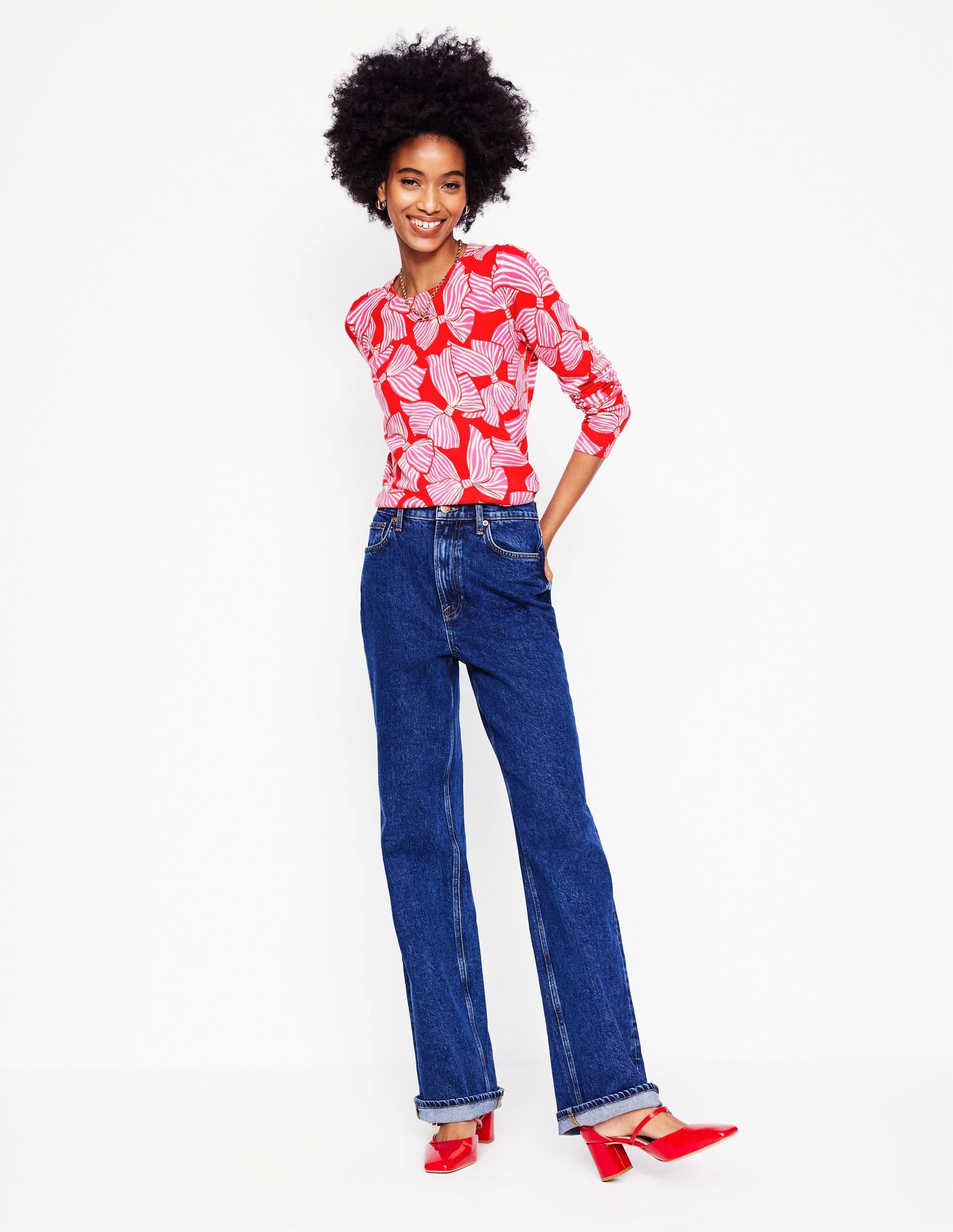 AntiPilling Technology Emilia Cotton Crew Jumper-Poppy Red, Bow Scatter