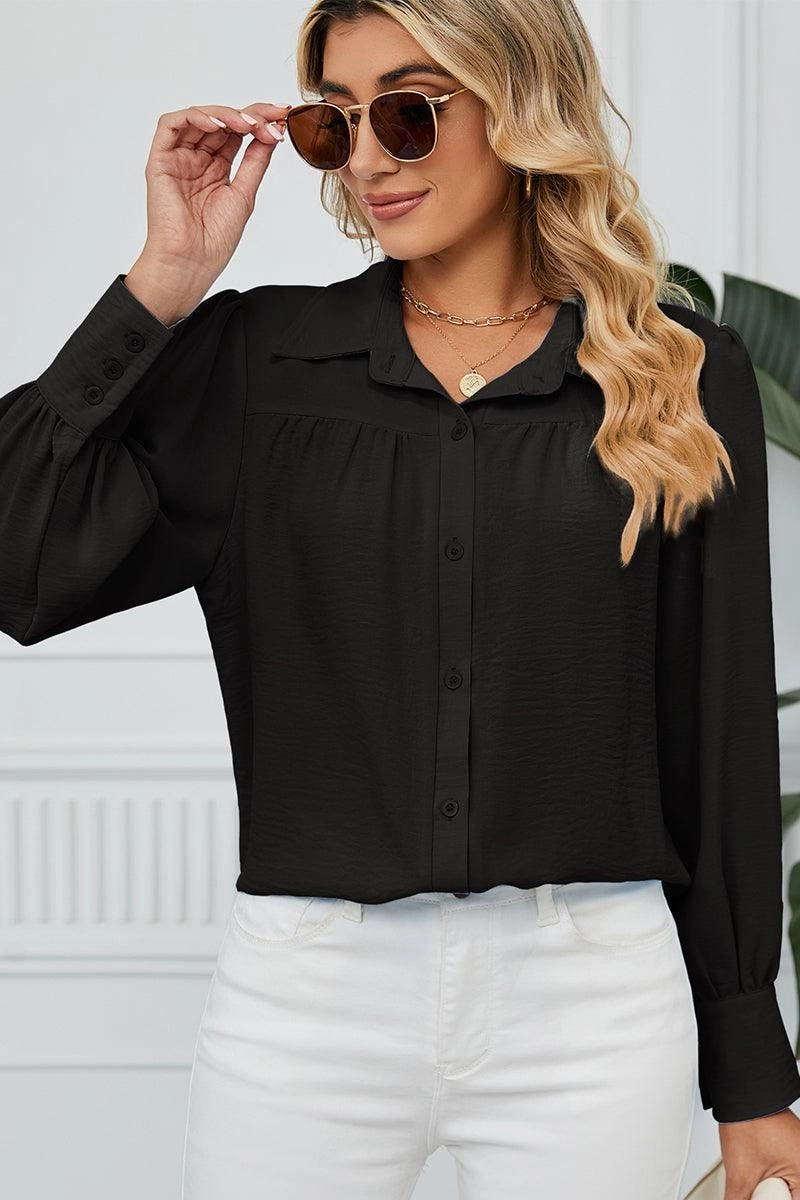 BUTTON DOWN LONG SLEEVE CHIFFON BLOUSE SHIRTS Reinforced Seams