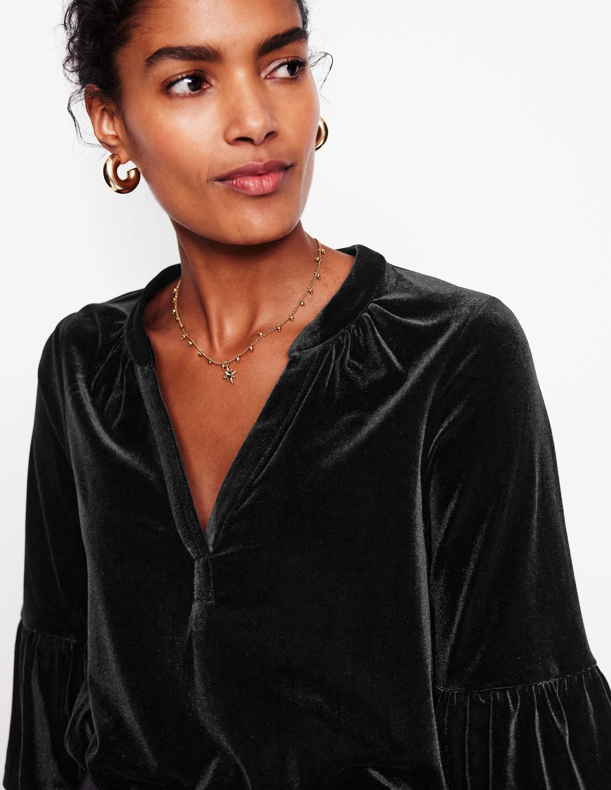 ComfortStretch Notch Neck Frill Velvet Top-Black