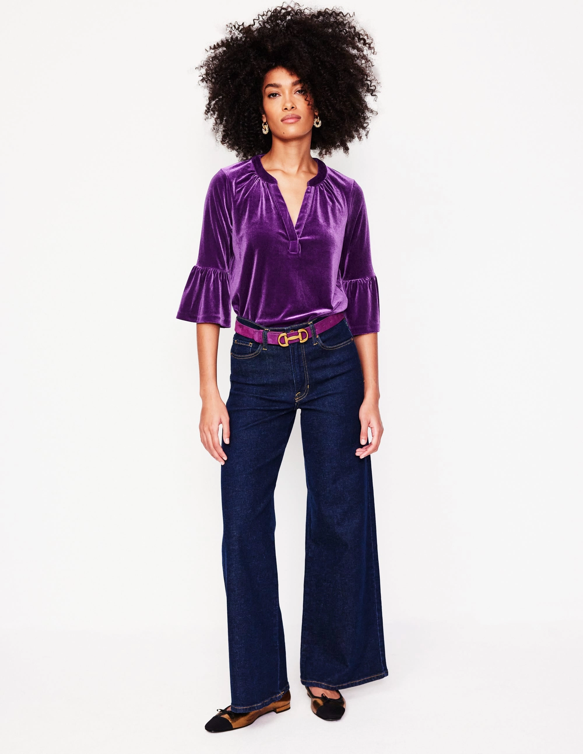SustainableBlend Tear Resistant Weave Notch Neck Frill Velvet Top-Viola