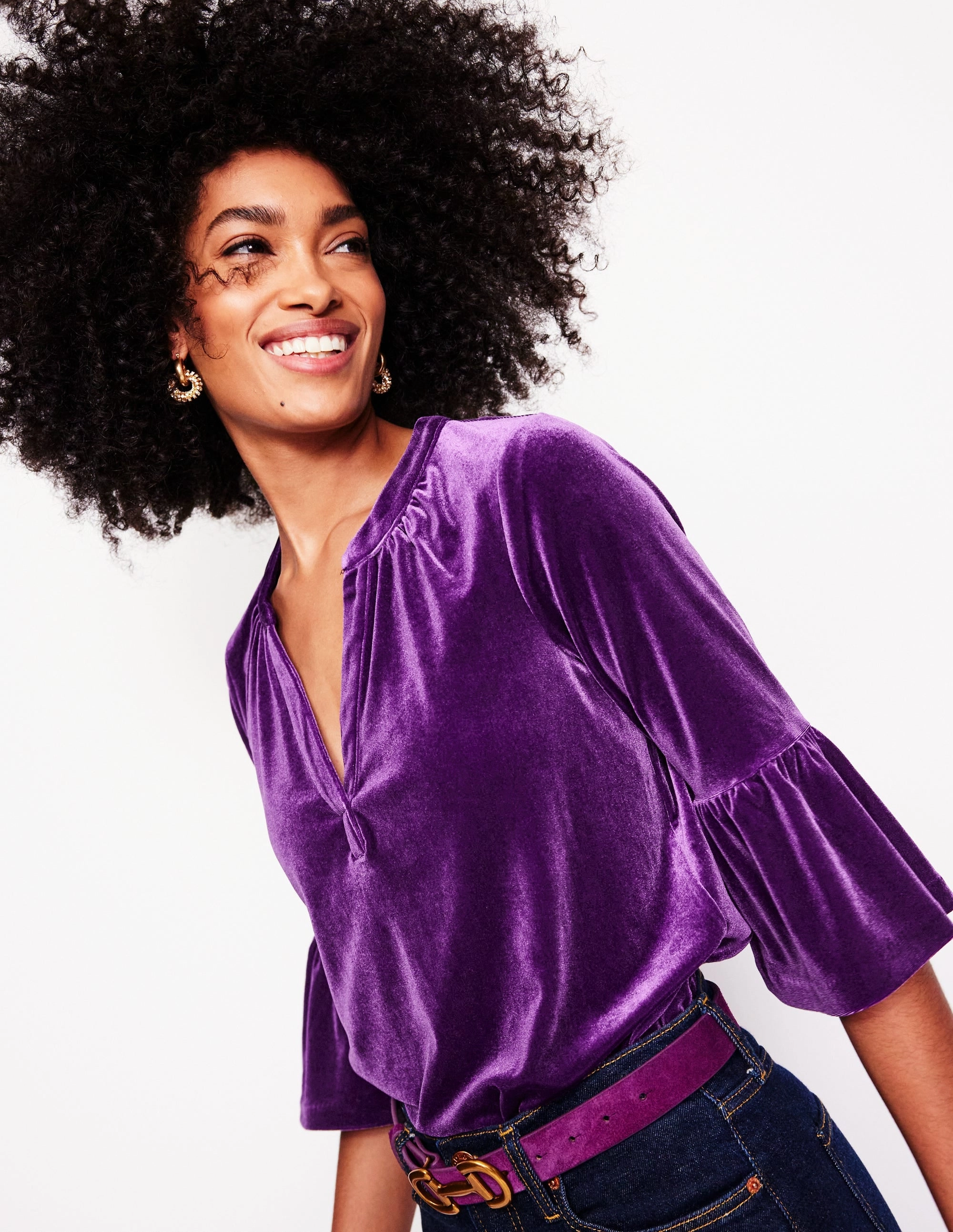 BreathableBackVents Notch Neck Frill Velvet Top-Viola