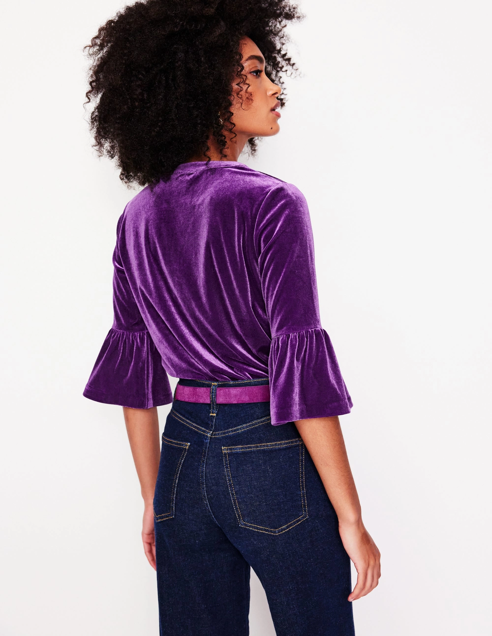 Notch Neck Frill Velvet Top-Viola Reinforced Hem Stitching FlexibleCollar