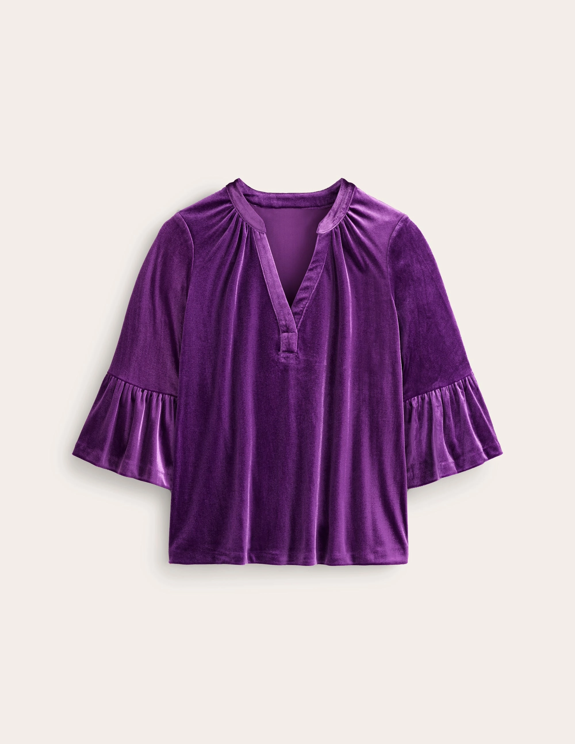 Notch Neck Frill Velvet Top-Viola Durable Interlock Stitch
