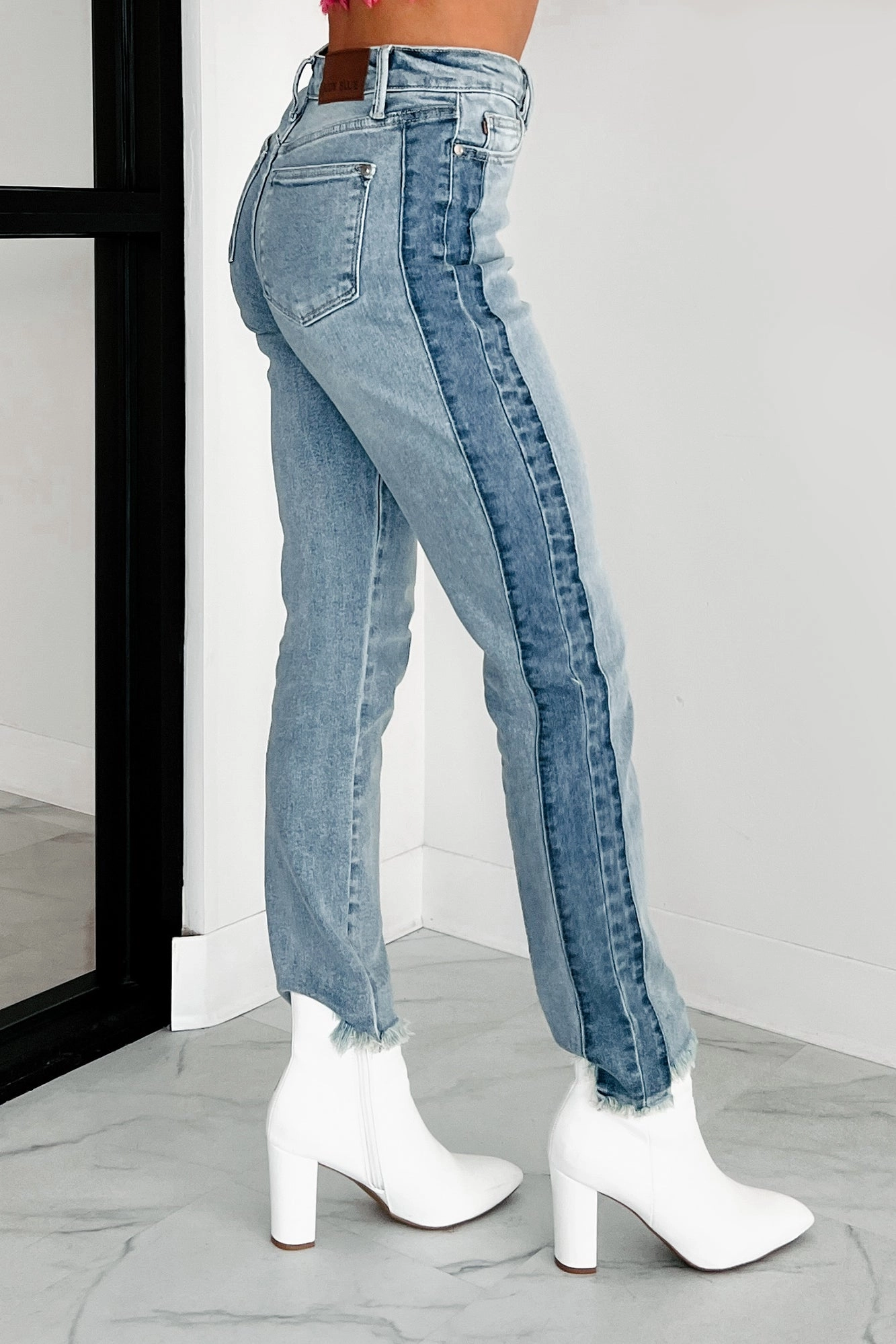 Octavius Two Tone High Waist Judy Blue Slim Jeans (Medium) Minimalist Rainy Day Vintage Lover Refined Detail