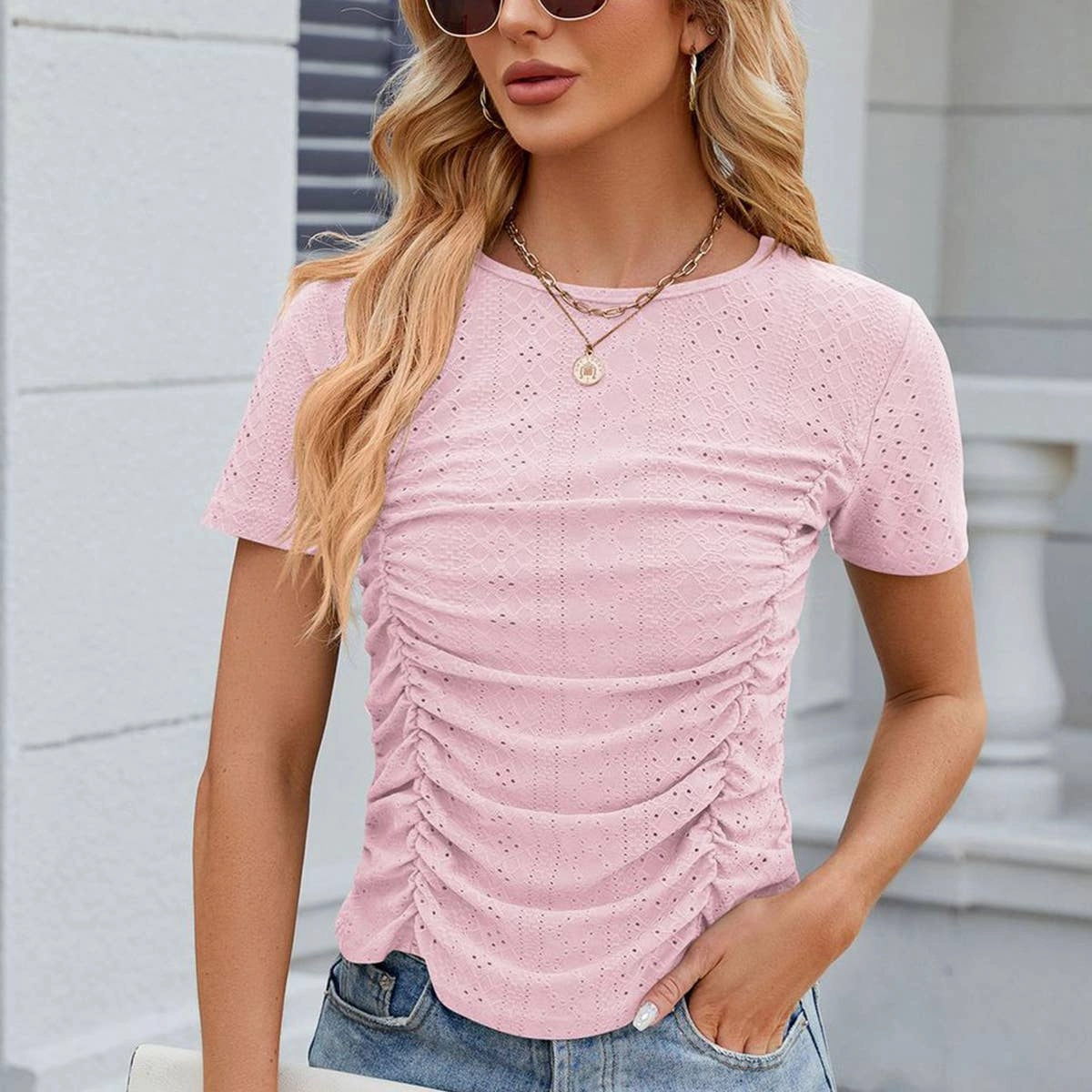 BREATHABLE SOLID COLOR PLEATED SLIM FIT T-SHIRT_CWTSTS0386 Double Layered Fabric Cozy Layer