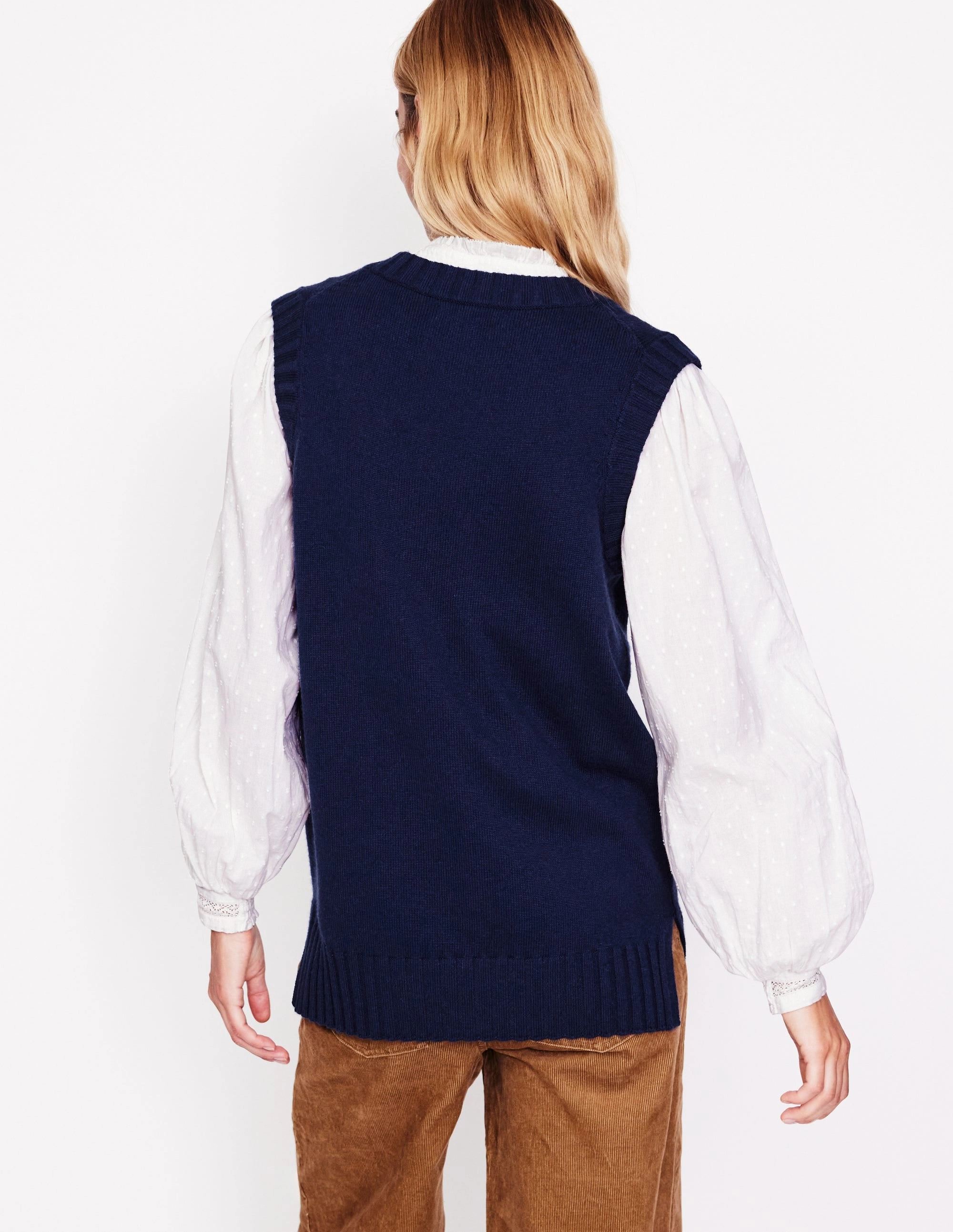 Merino Wool Longline V-Neck Tank-Navy