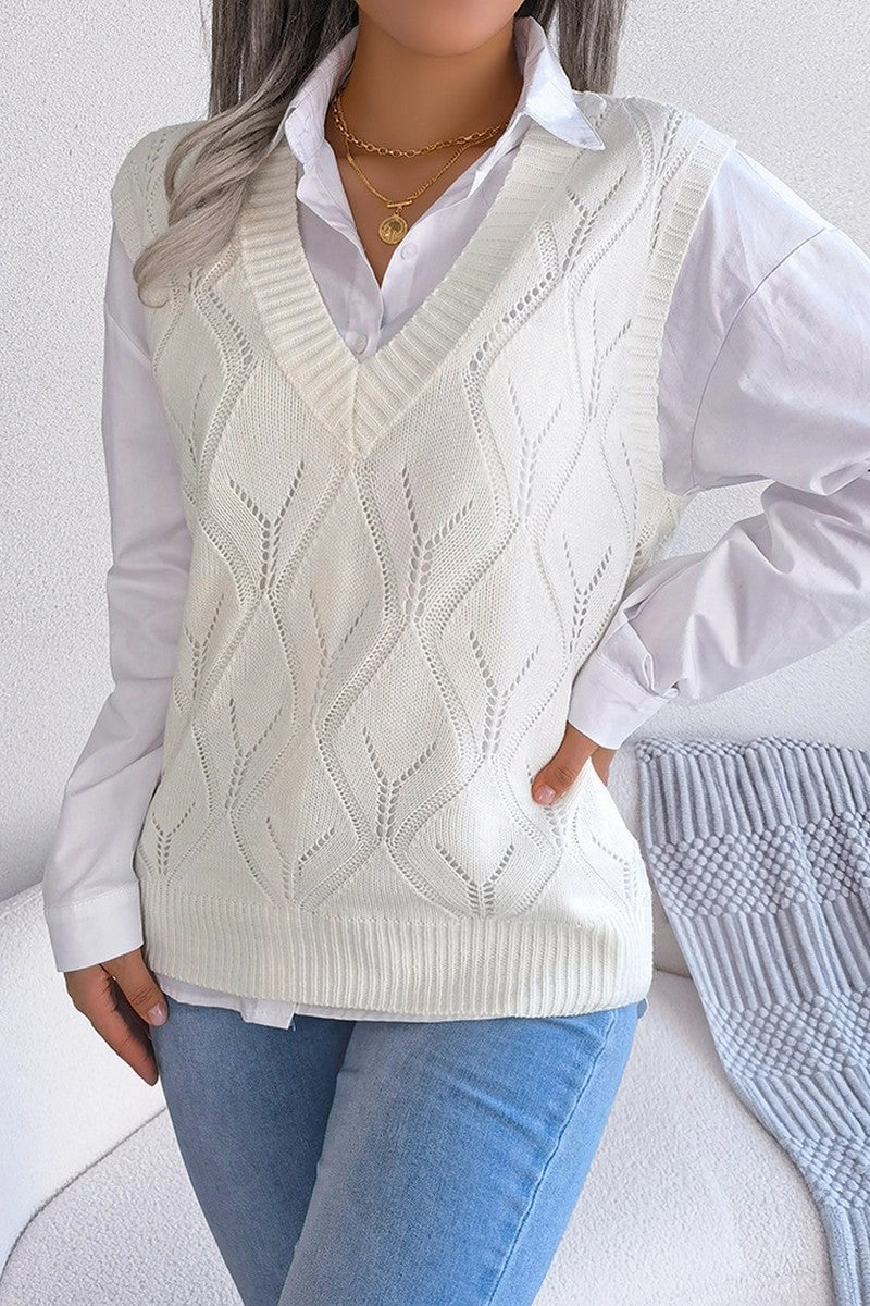 WOMEN PUNCHING KNITTED LOOSE FIT SWEAT VEST Non Slip Shoulder Seams Printed Blouse