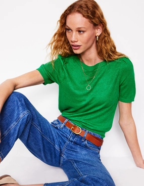 Versatile Warmth Liv Boat Neck Linen T-Shirt-Sapling Green