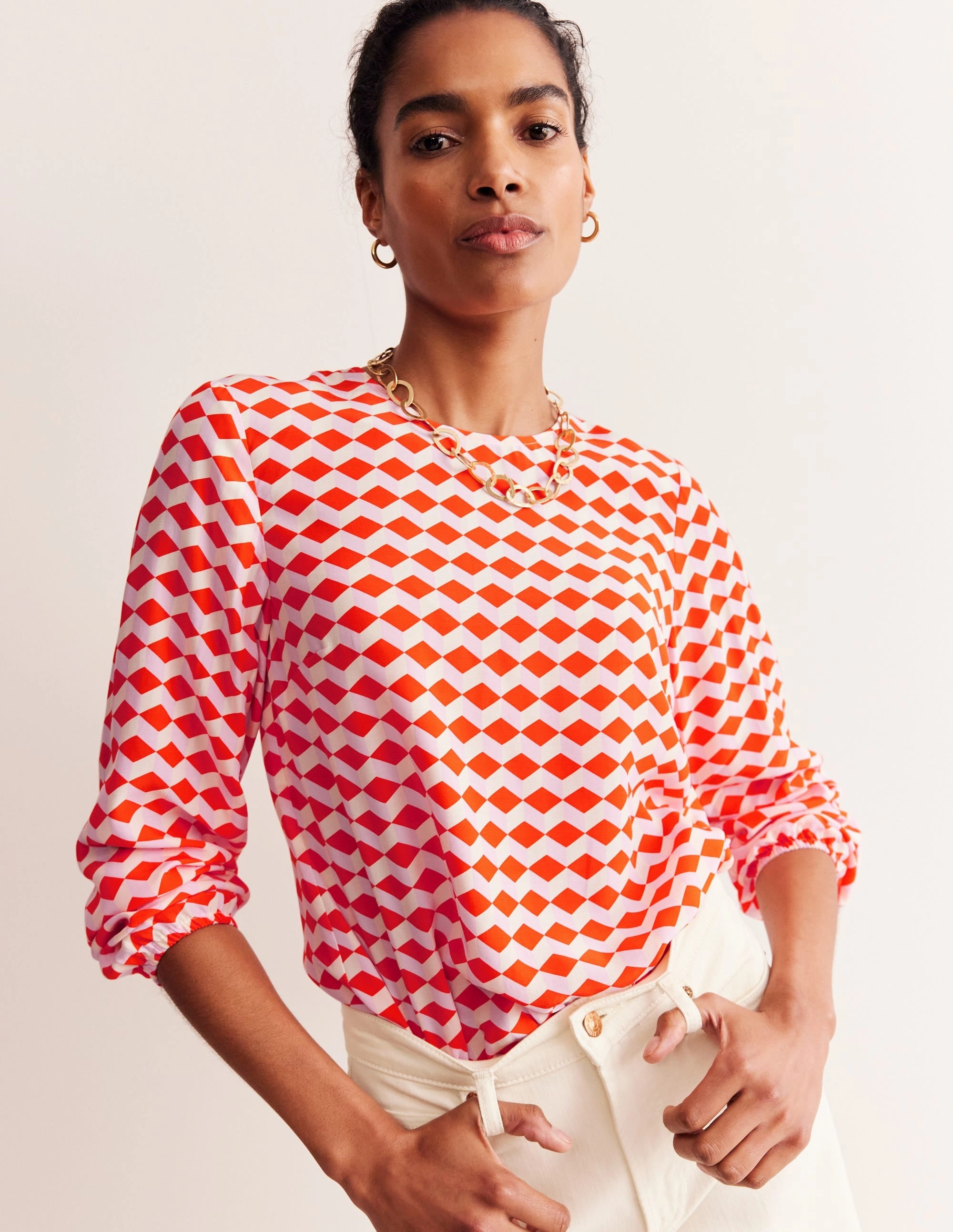 Easy Printed Top-Mandarin Red, Diamond Cube LightweightFabric