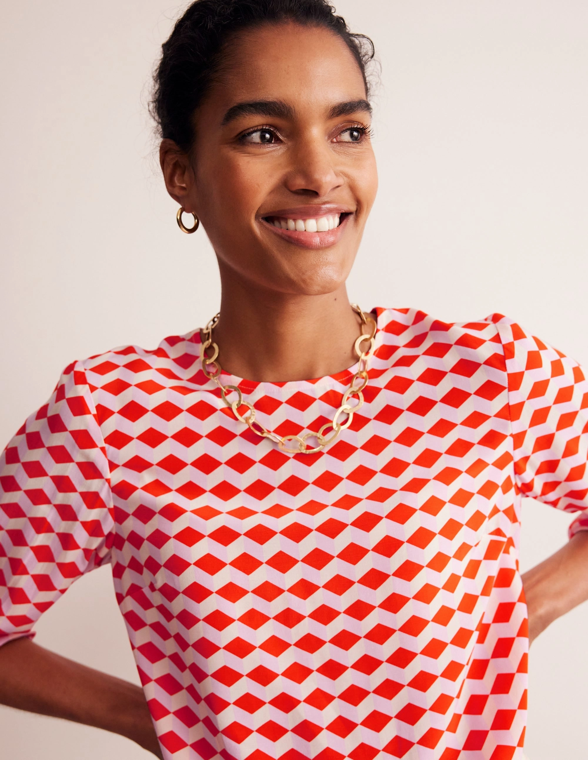 Easy Printed Top-Mandarin Red, Diamond Cube LayeredCollar Minimalist Design