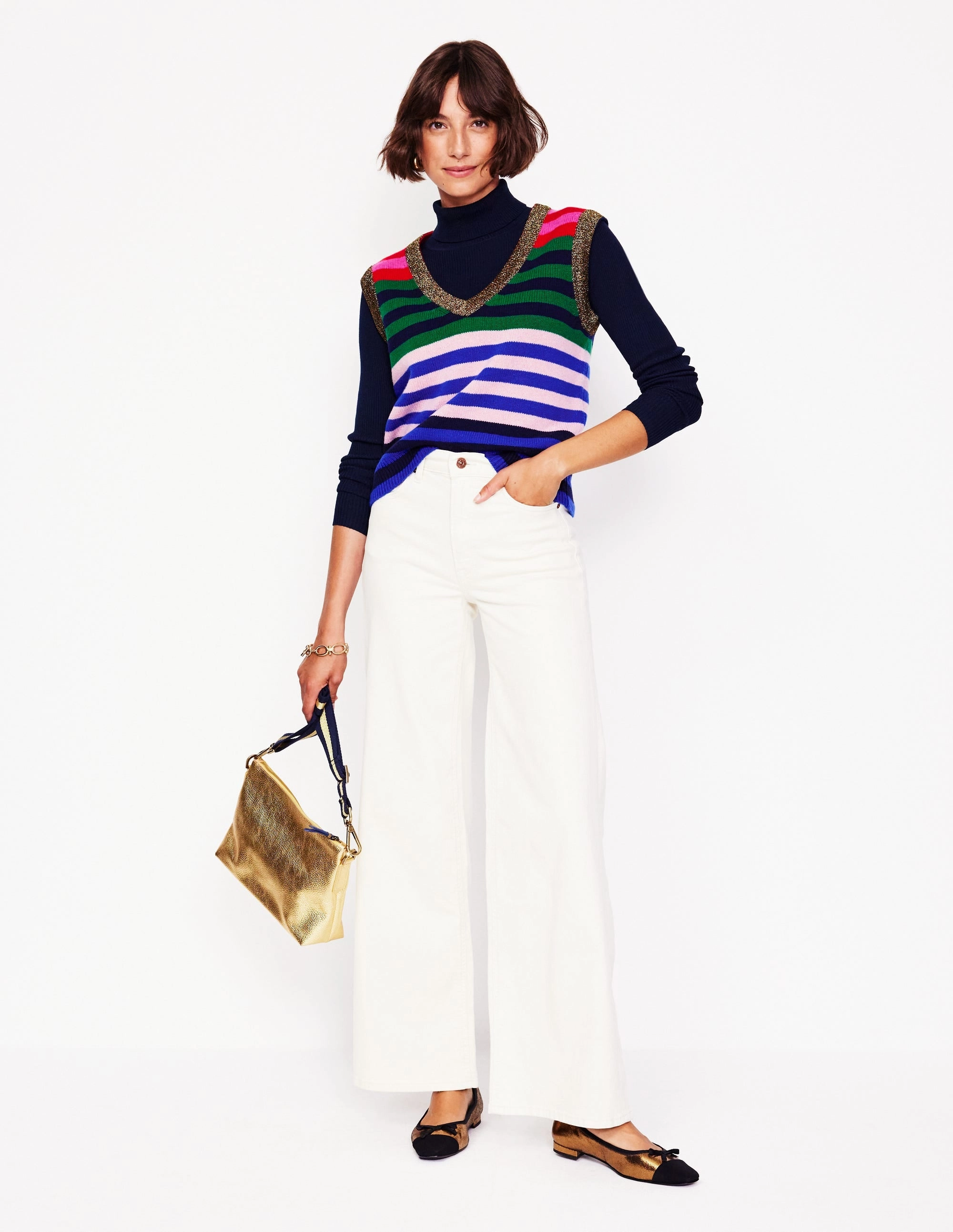 Ribbed Detailing Modern Casual Look Olivia Merino Tank-Multi, Rainbow Stripe