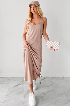 On Chill Mode Twist Back Ribbed Midi Dress (Dark Taupe) Hook-And-Eye Flow Sleeve