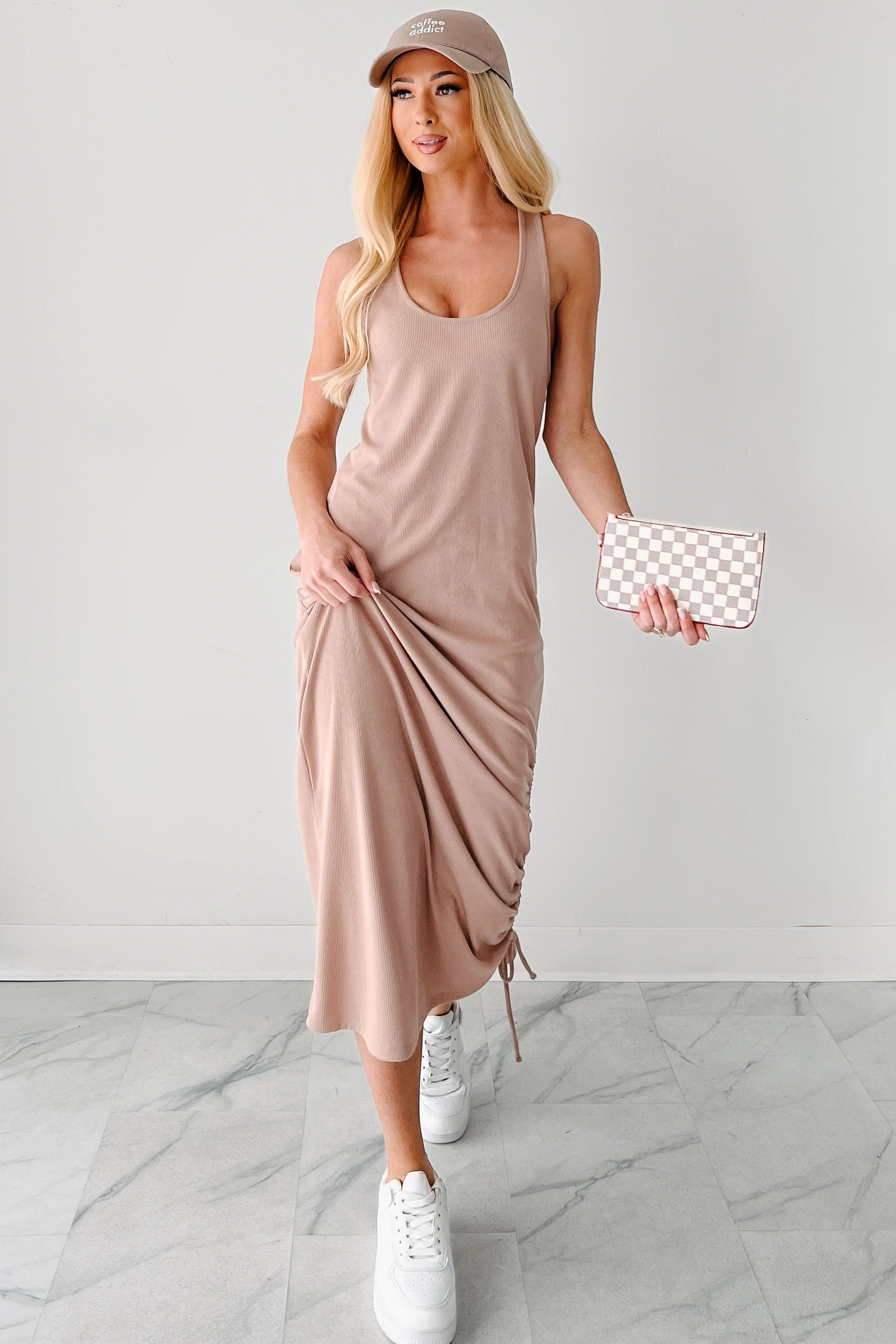 On Chill Mode Twist Back Ribbed Midi Dress (Dark Taupe) Shine Dressy Sophisticated cocktail dress