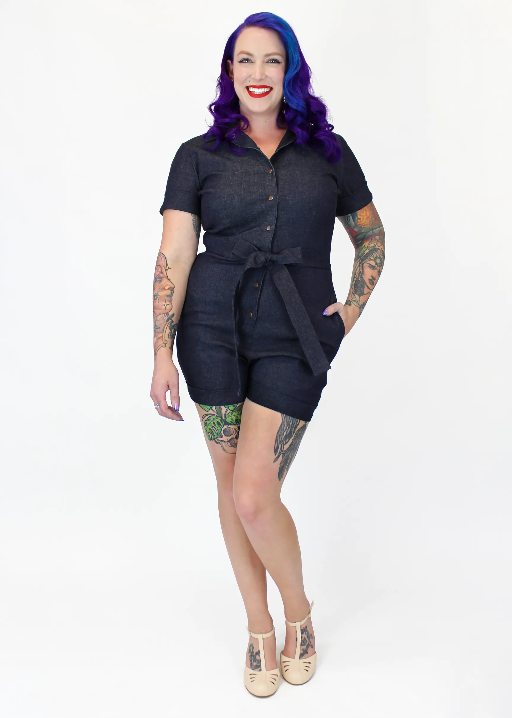 Durable Reinforced Hem Layered Collar Structure One Piece Denim Romper #DRS Circular Knit Design