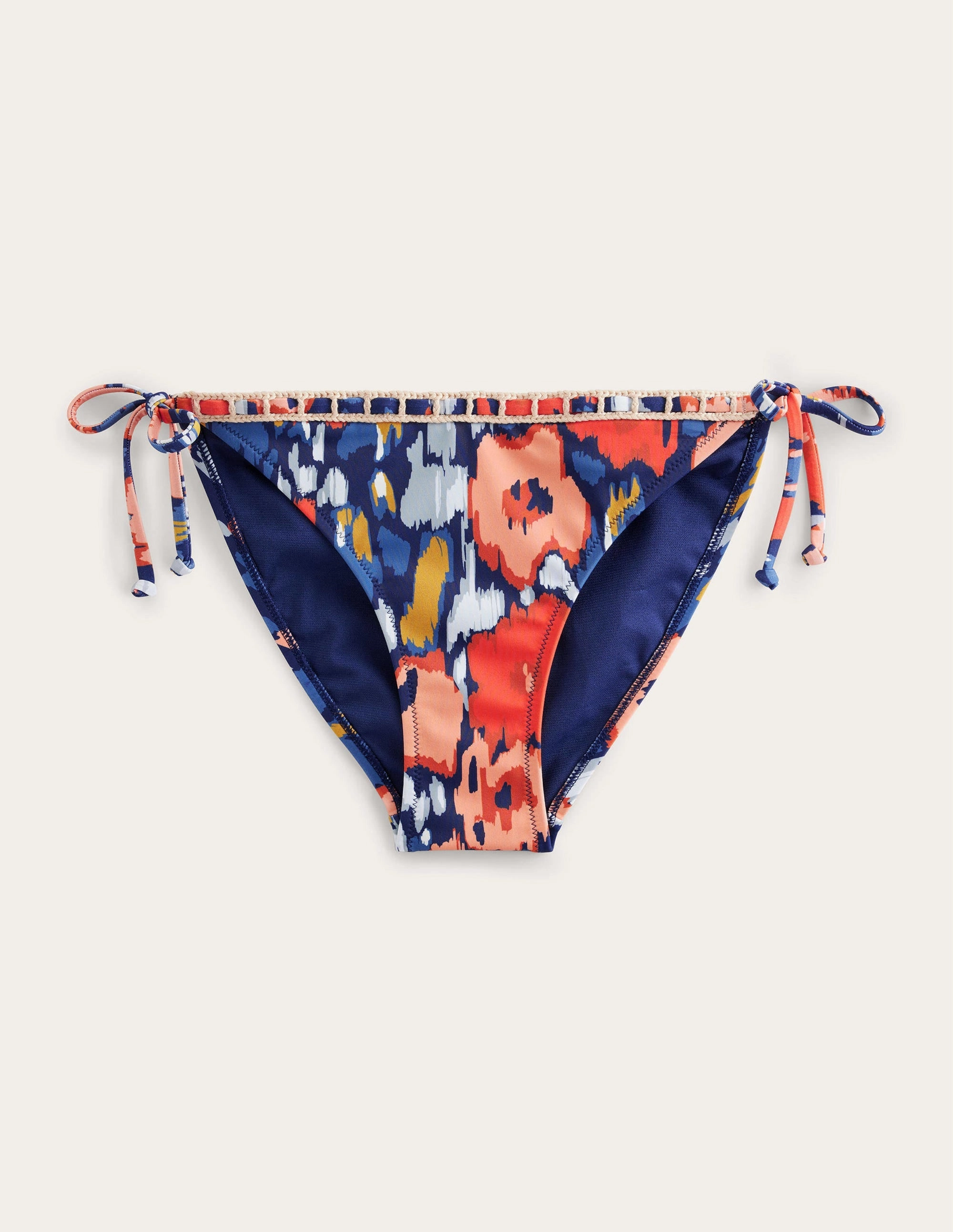 Fashion Forward Crochet Trim Bikini Bottoms-Navy, Abstract Poppy