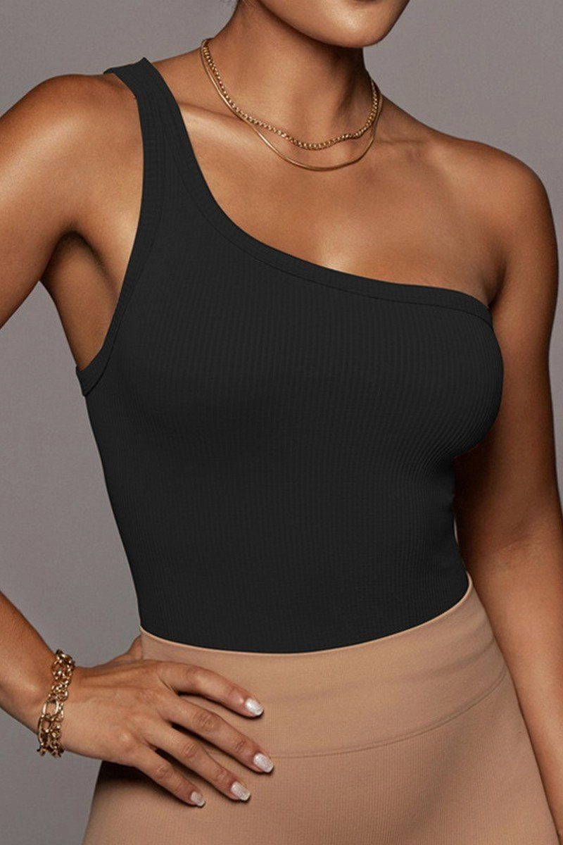 ONE SHOULDER SLEEVELESS SEXY CROP TANK TOP Warm Hoodie