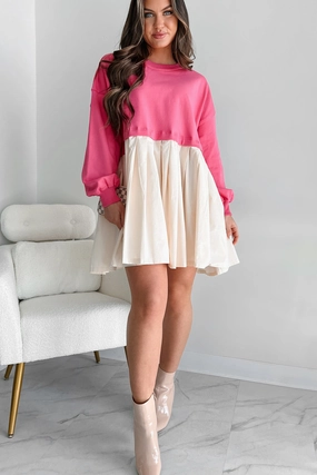 Convincing Act Two-Tone Mini Dress (Fuchsia) Relaxed Layers Urban Ready