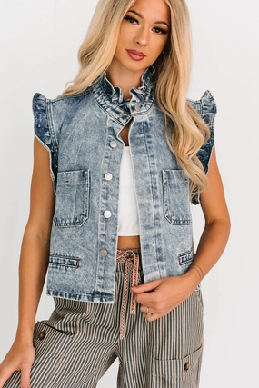 Ribbed Neckline Odor Resistant Our Last Dance Ruffle Denim Vest Top (Light Denim)