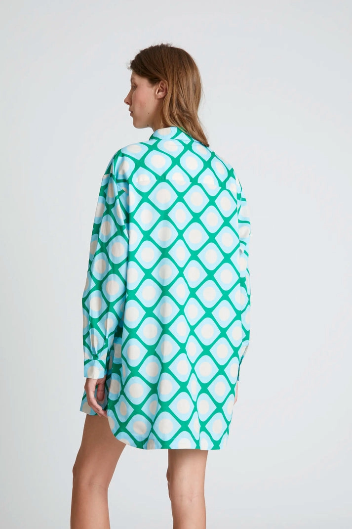 Oversized Tunic in Turquoise Geo Adjustable Hem Cuff FlexibleCuffs
