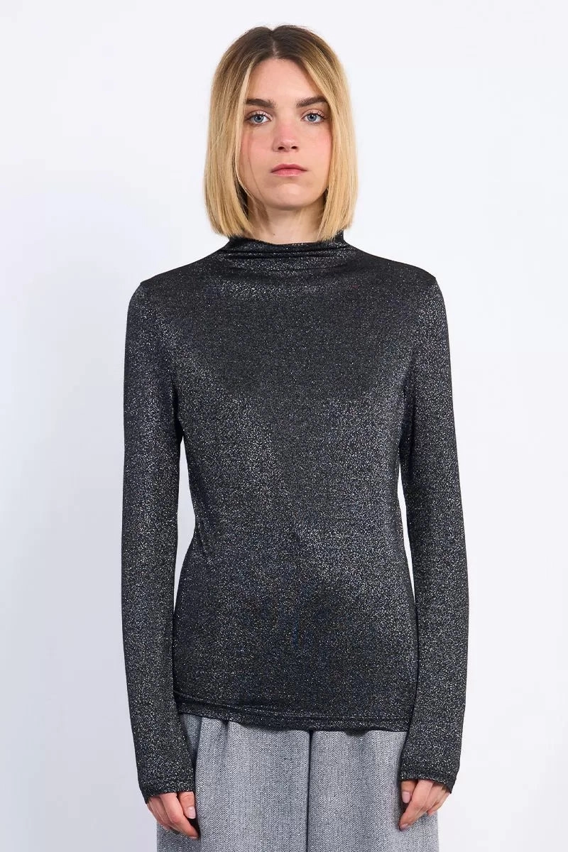Iridescent Mock Neck Top in Black Reflective details TearResistantWeave