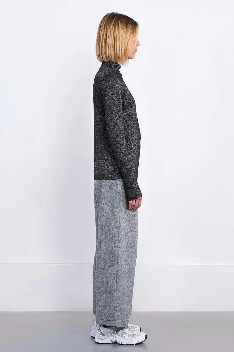 Iridescent Mock Neck Top in Black DoubleLayeredCollar Hybrid Fabric Blend