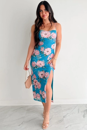 Square Neck Own The Mood Sleeveless Floral Midi Dress (Teal)