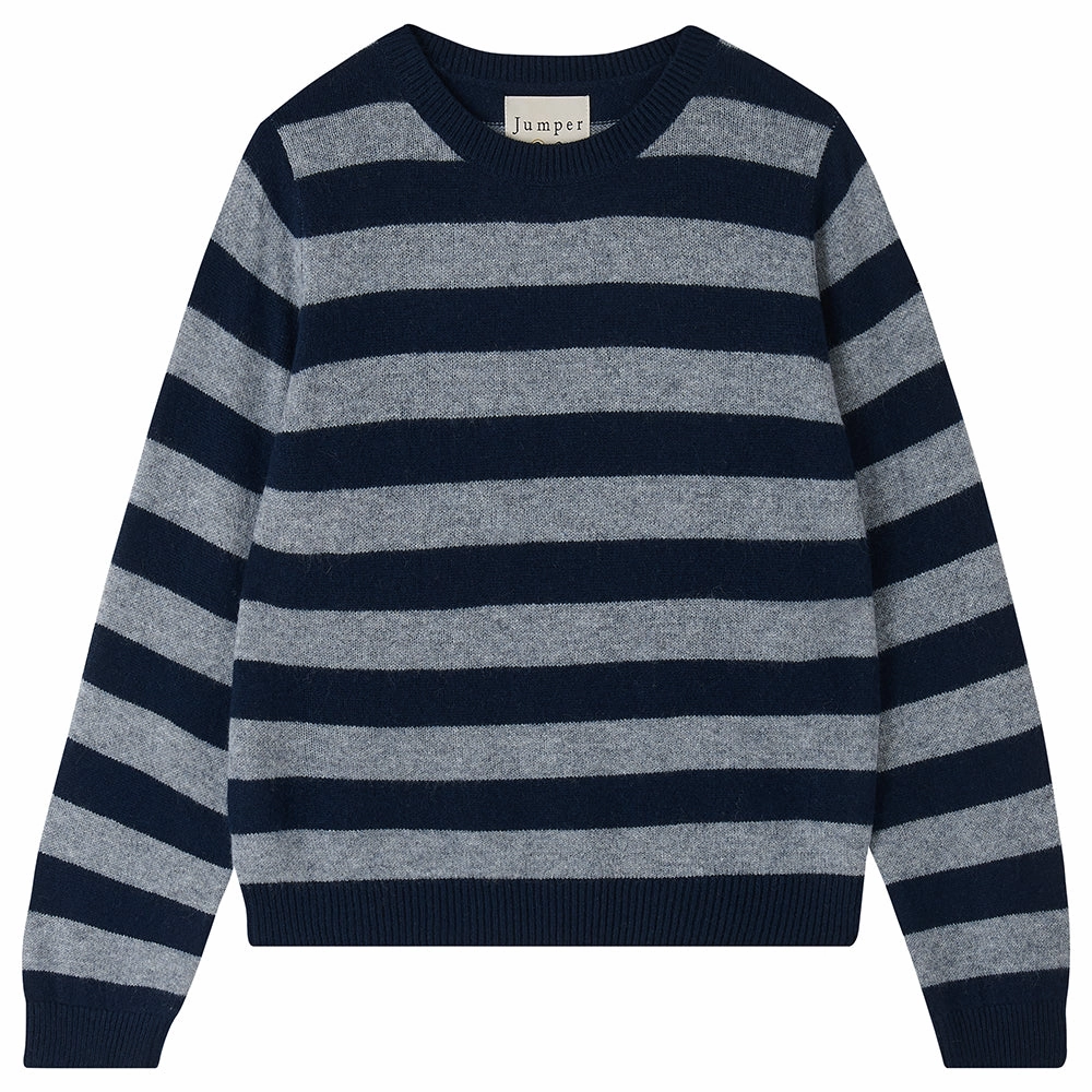 Cashmere Stripe Crew in Navy/Mid Grey Eco Conscious Packaging Reflective Trim Details