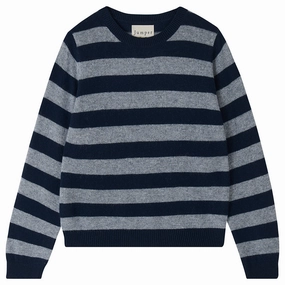 Cashmere Stripe Crew in Navy/Mid Grey Reversible design Chic Sweater